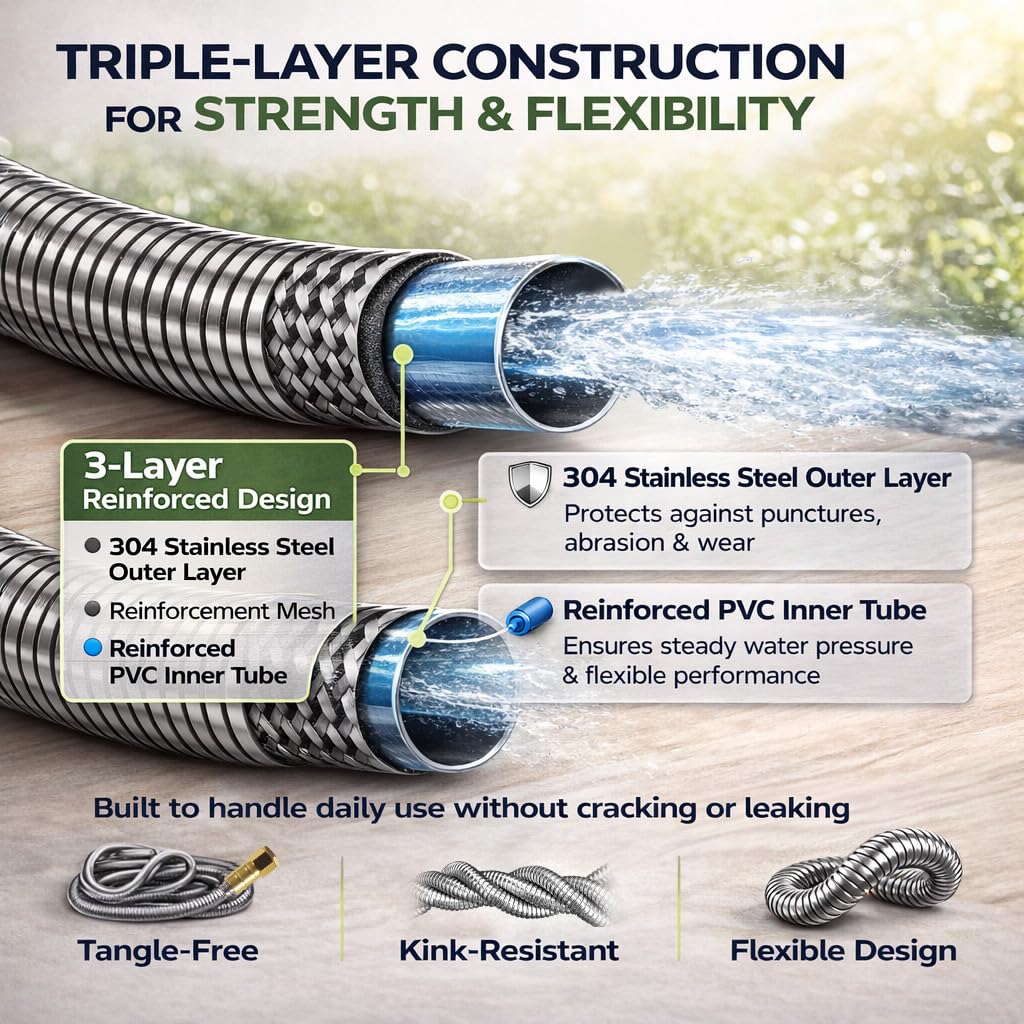 Holldoor Metal Garden Hose 25 ft – 304 Stainless Steel Water Hose with Nozzle Sprayer, Garden Hoses Flexible, Lightweight, No Kink, Heavy Duty for Outdoor (25 ft)
