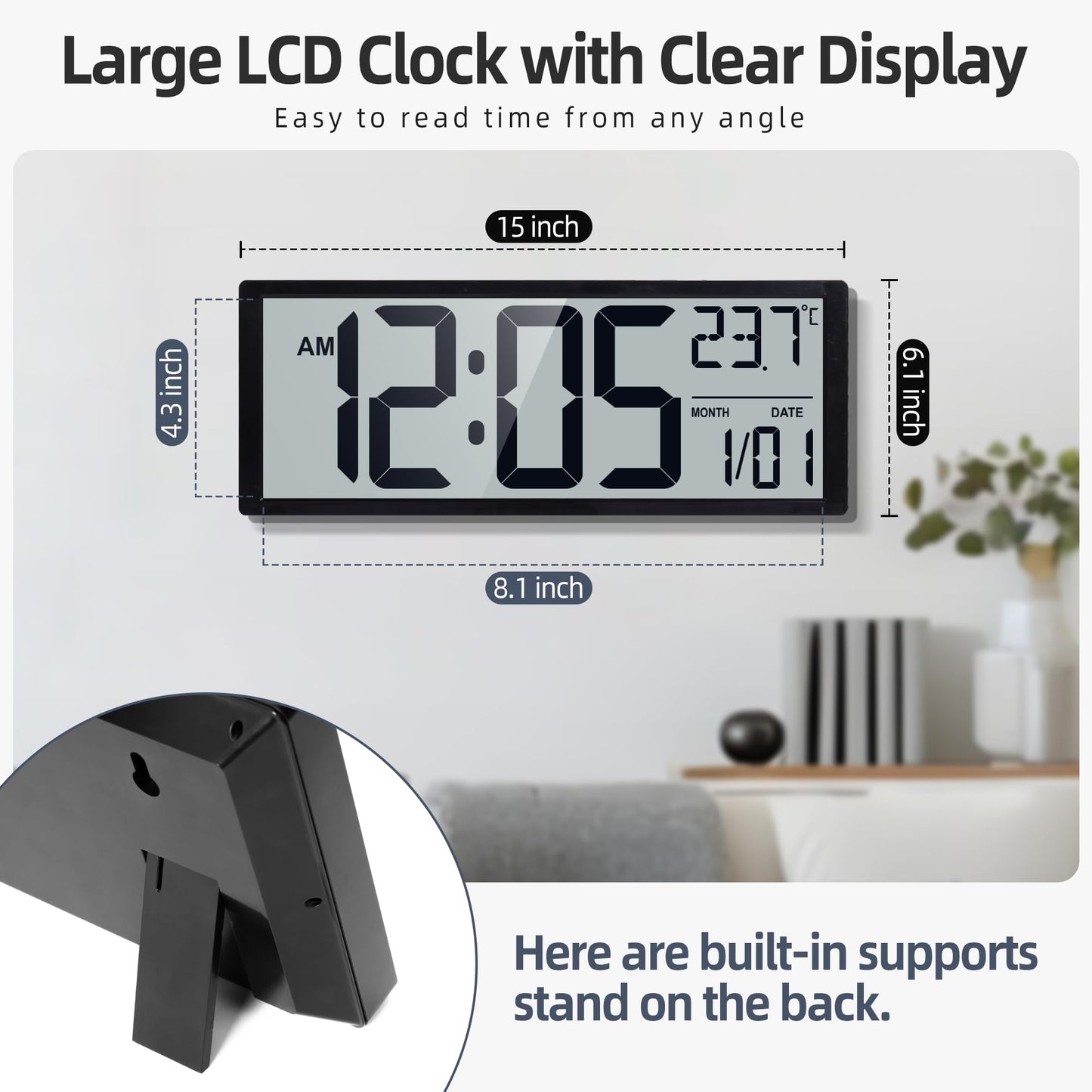 Henescribe 16" Large Digital Wall Clock Battery Operated with Big Display Numbers, Temperature and Date, Auto DST and Alarm, for Office, Classroom, Gym, Bedroom, Living Room