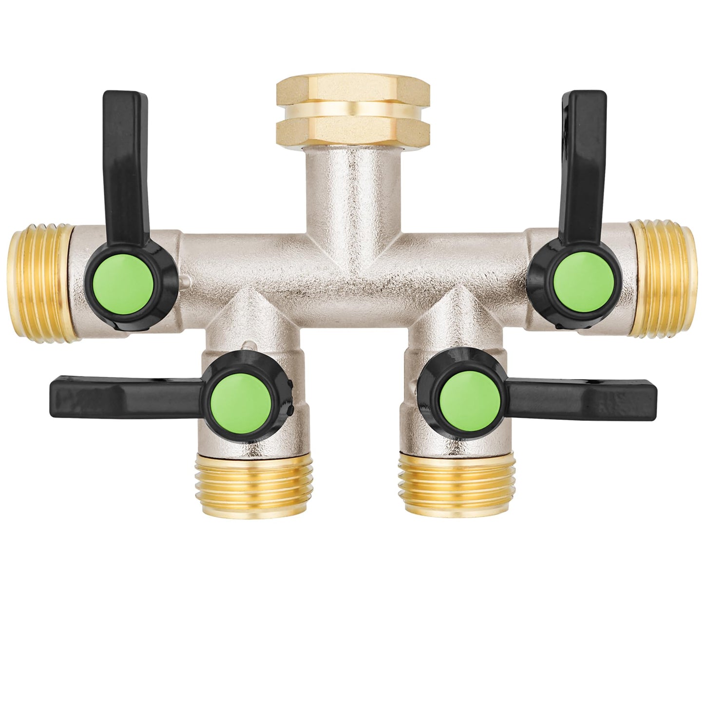 DINGBAI 4 Way Hose Splitter, Brass High Flow Garden Hose Splitter Heavy Duty, Hose Connector, Water Spigot Splitter, Full Flow Faucet Splitter with shutoff, 3/4” GHT Inlet