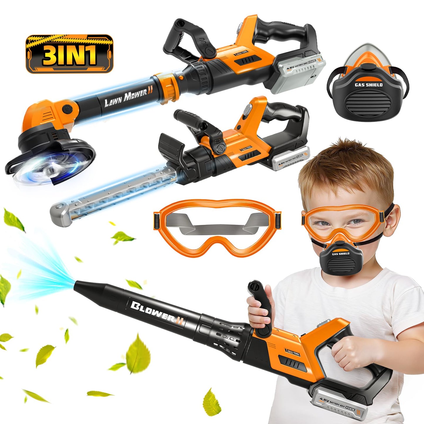 Kids Tool Set, 3 in 1 Kids Power Garden Tools with Sounds & Lights, Toy Weed Wacker, Toy Leaf Blower and Hedge Trimmer, Outdoor Toys, Toy Tools, Christmas Birthday Gifts for Boys 3 4 5 6 7 8 Year Old