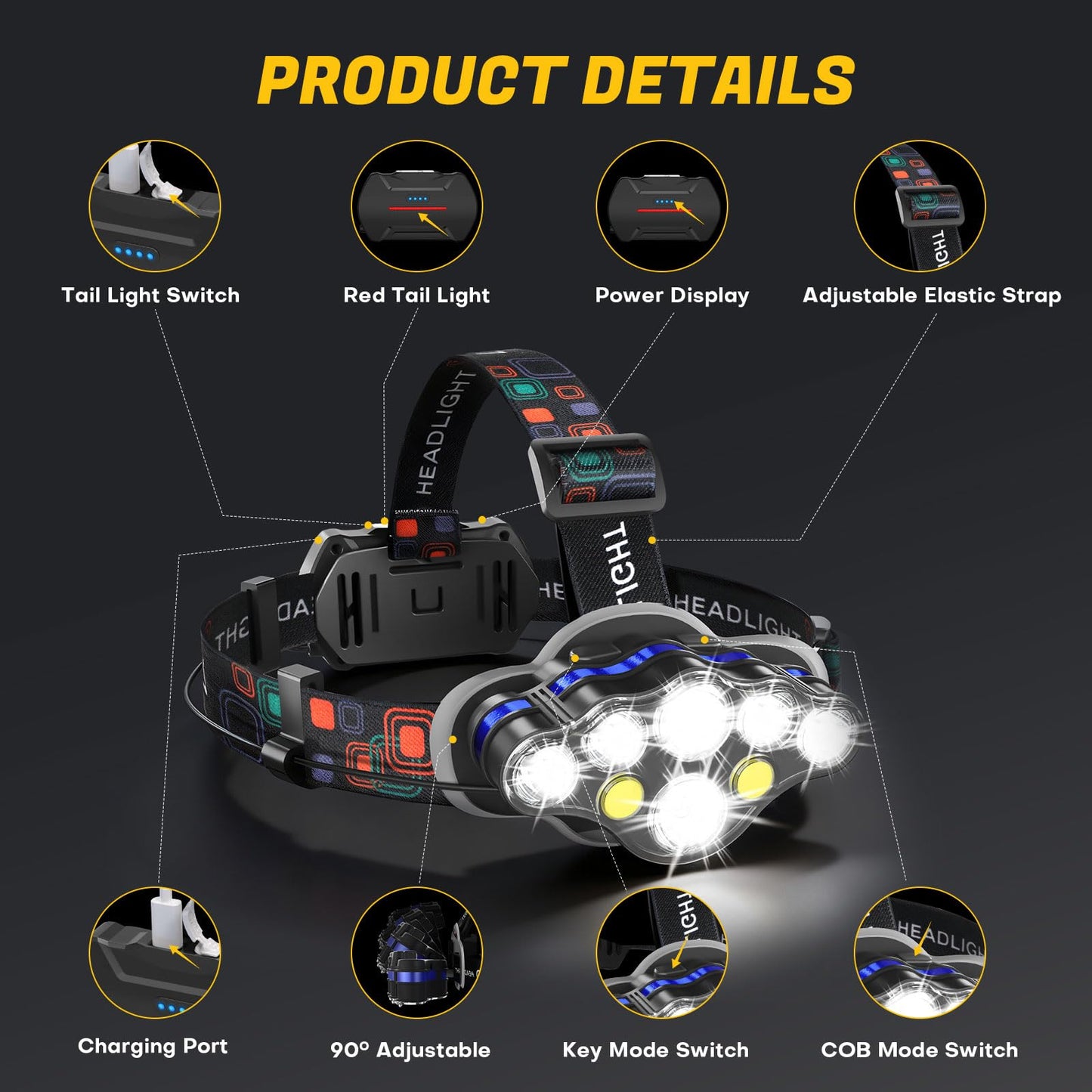 MIOISY Headlamp Rechargeable, 8 LED Super Bright Head Lamp with White Red Light, IPX4 Waterproof Head Lights for Forehead, 8 Modes Headlight Flashlight for Outdoor Hiking Running Camping