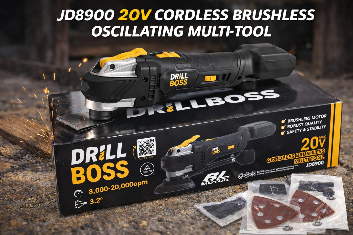Drill Boss 20V Brushless Cordless Oscillating Multi-Tool Kit, Variable Speed 8,000-18,000 OPM, Keyless Blade Change, LED Work Light, Blades, Accessories, Battery, Charger and Bag