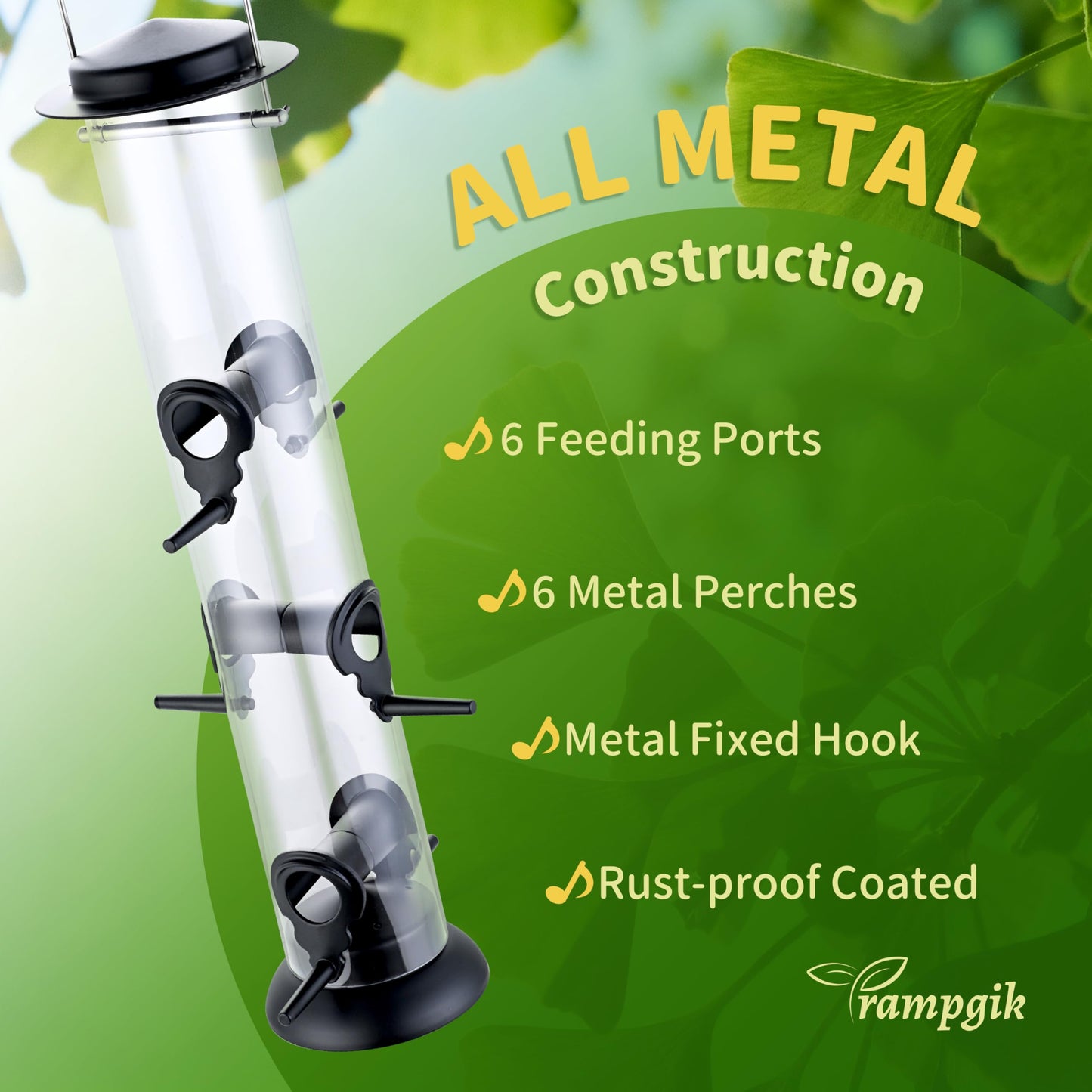 TrampgiK Bird Feeders for Outdoors Hanging,Finch Feeders for Outside,Chew-Proof Hanging Bird Feeder,Rust-Proof Birdfeeder,Squirrel Proof 6 Ports Metal Bird Feeder,14 Inch,1 Pack,Black