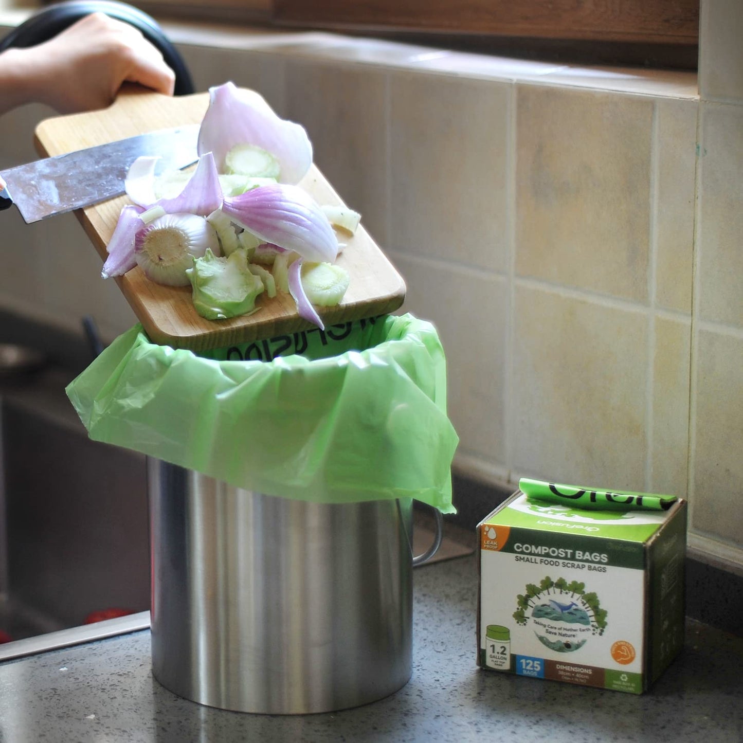 (Include 100+25 Bonus Bags) GreFusion Compostable Bags 1.2-1.6 Gallon,Fits 0.75,1,1.2,1.3,1.8 Gallon Countertop Bin,Certified by BPI,ASTM D6400 and OK Compost,125Count (100 + 25 Extra)