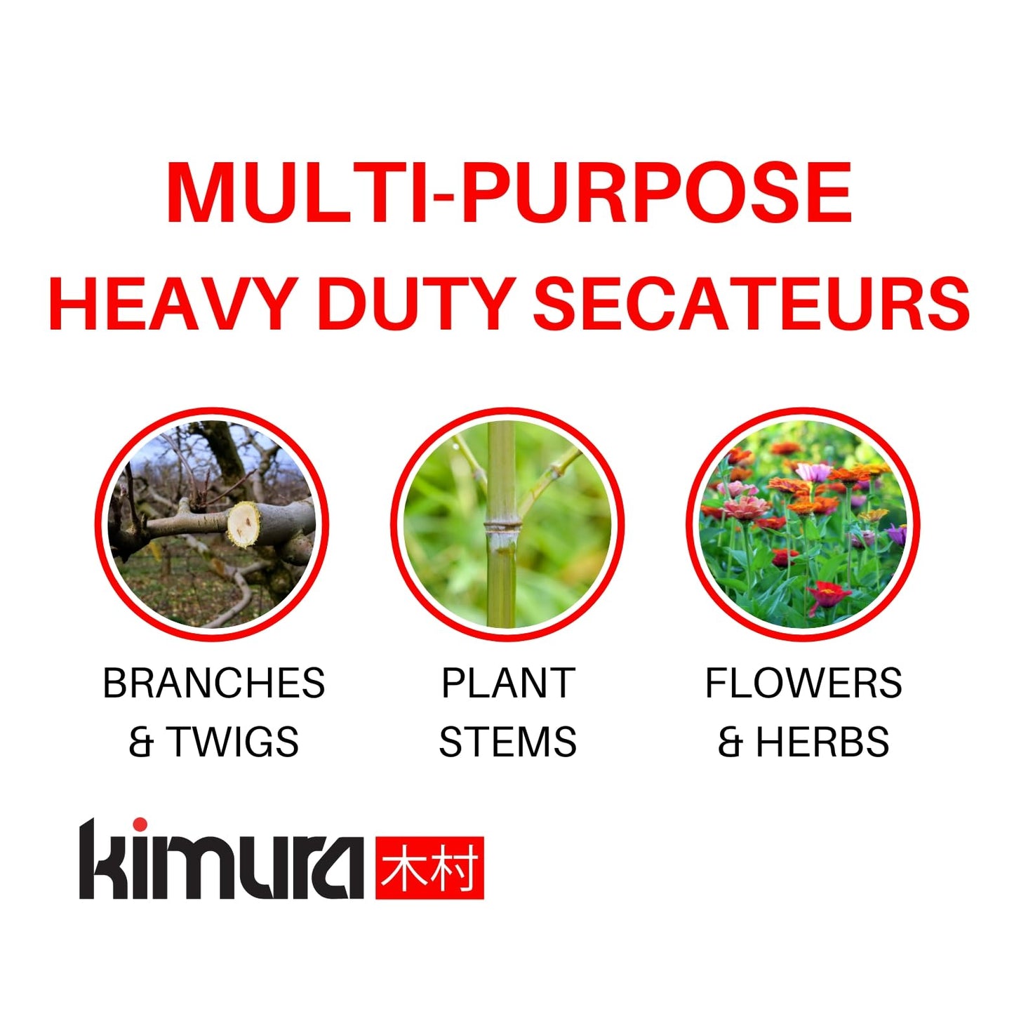 Kimura® 8" Pro Bypass Pruning Shears, Heavy Duty Japanese SK5 Steel Blades, 1 inch Cut Capacity, Non-Slip PVC Coated Handles, Lightweight & Ergonomic, Japanese Pruners, Professional Garden Clippers