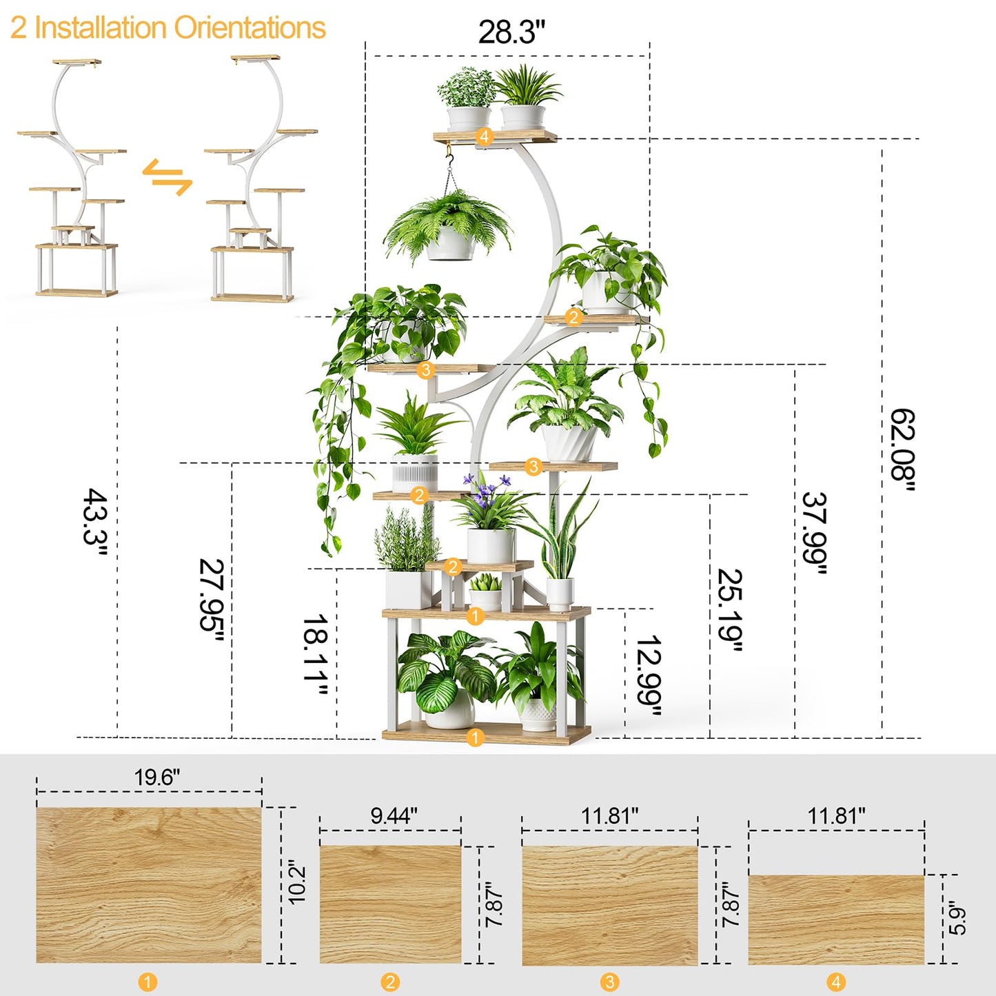 BACEKOLL 8-Tiered Plant Stand With Grow Lights - 62" Tall Indoor Shelf for Multiple Plants, Metal S-Shaped Flower Holder Rack for Home, Patio (White)