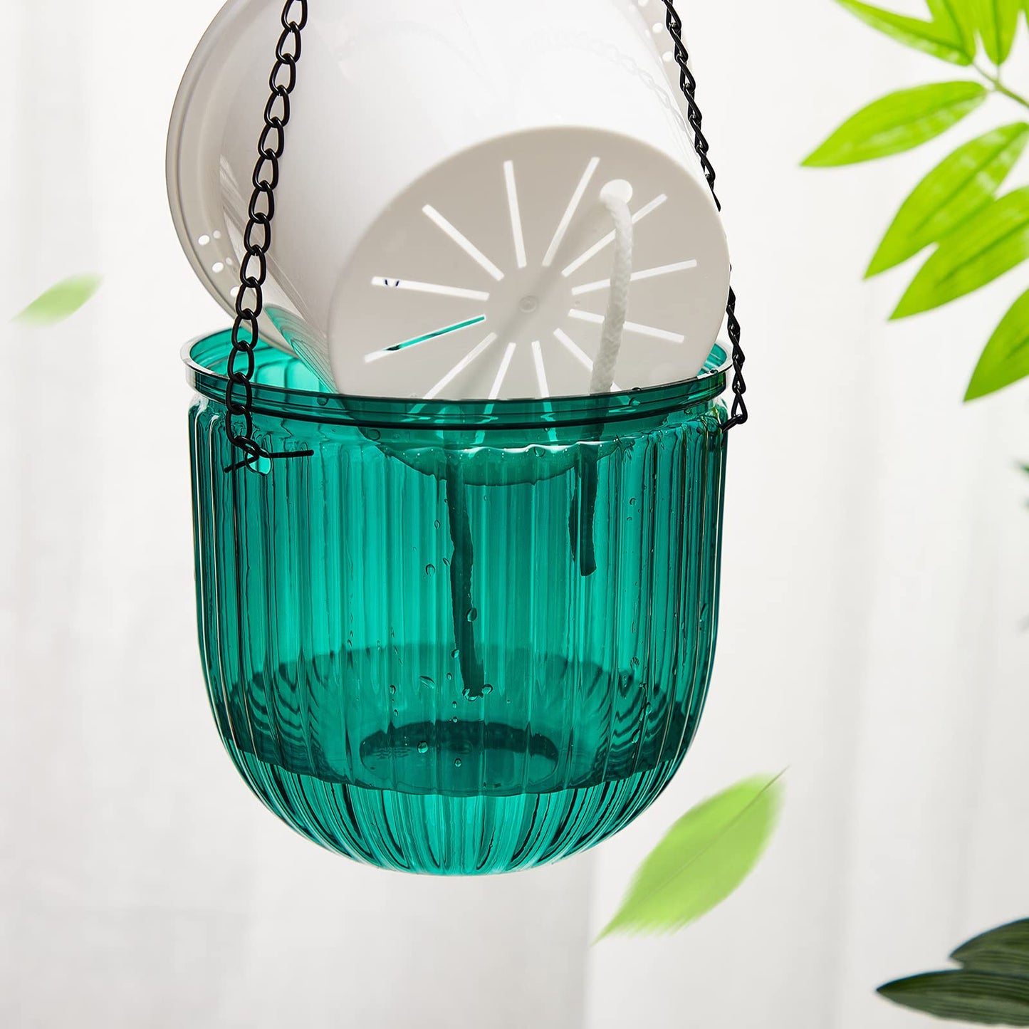 Meanplan 4 Pcs Self Watering Hanging Planter Indoor 6.5 Inch Hanging Baskets for Plants Outdoor Plastic Flower Pot with 3 Hooks Chains Drainage Holes for Garden Home, Medium Size(Emerald, Gray)