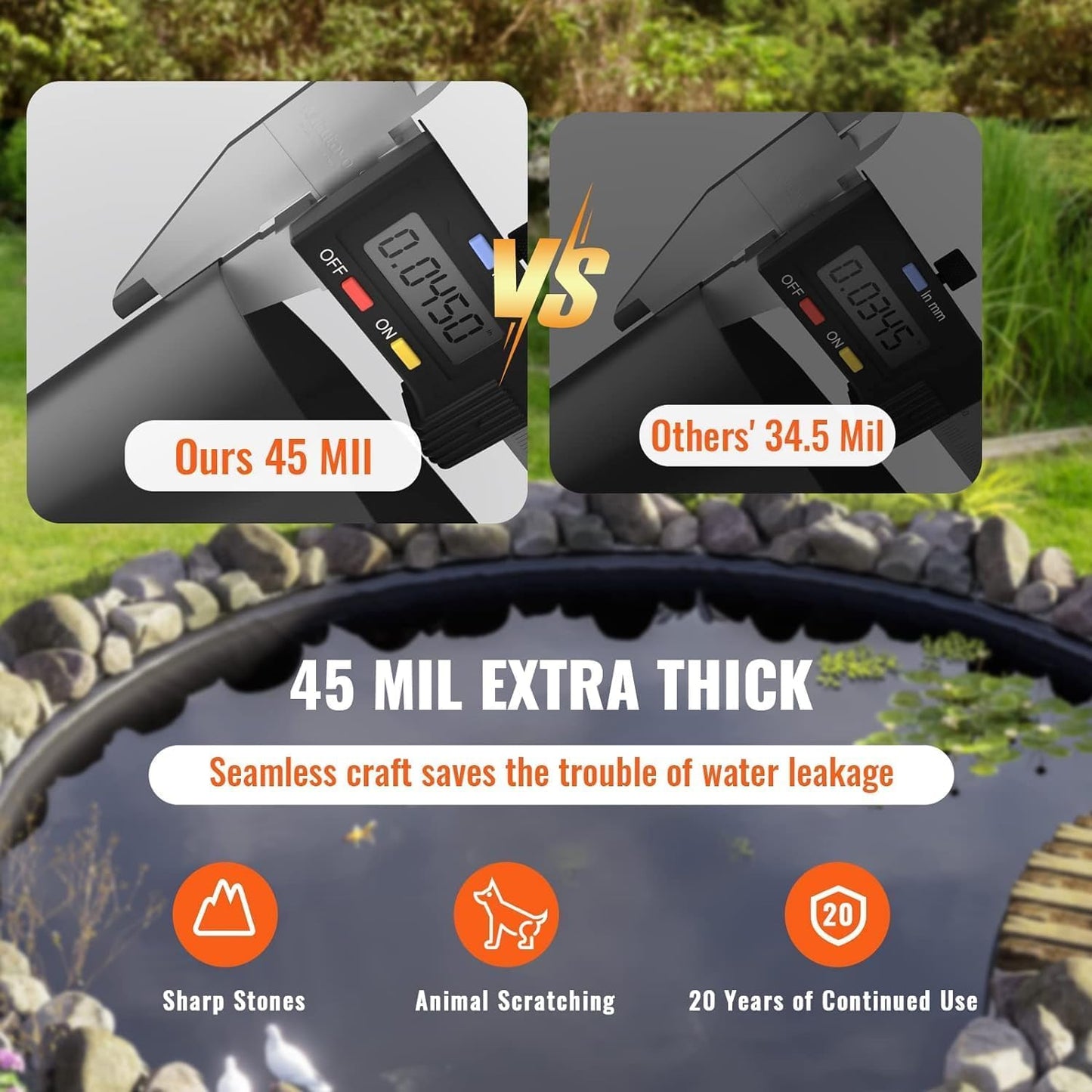 MERXENG 10x15 Ft Pond Liner, 45 Mil Thickness, Pliable & Durable Epdm Material, Easy Cutting & Uv Resistant, for Fish or Koi, Features, Waterfall Base, Fountains and Water Gardens