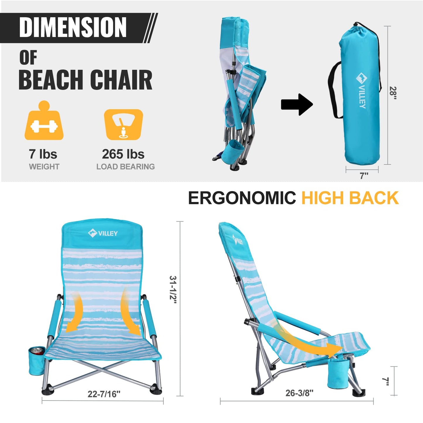 VILLEY Low Beach Chairs for Adults 2 Pack, High Back Folding Beach Chairs, Lightweight and Portable for Outdoor, Beach, Camping, Lawn, Music Festival, with Cup Holder and Carry Bag-Blue Stripes