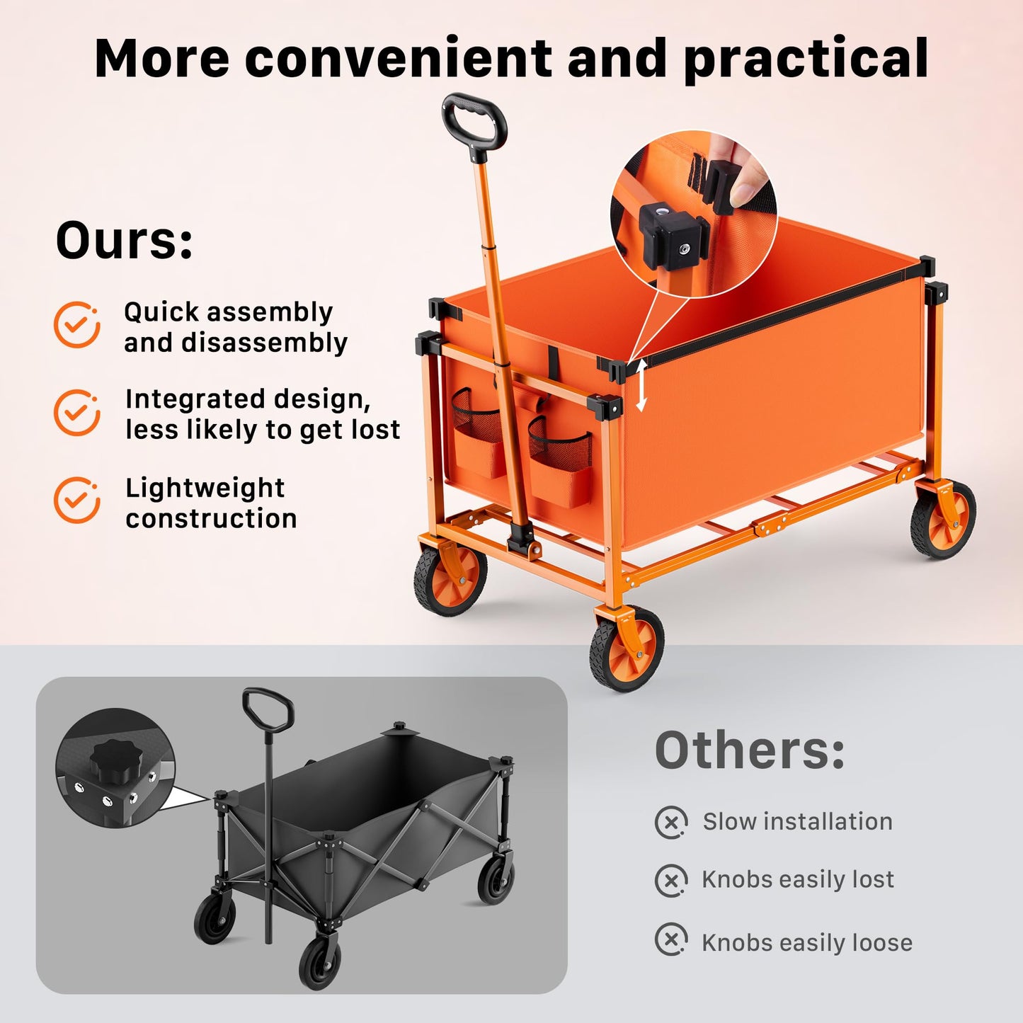 Hombetta Collapsible Wagon Cart with Wheels, 150L Lightweight Foldable Utility Cart, Portable Rolling Wagon for Garden, Shopping, Sports, Camping, Transport, Orange
