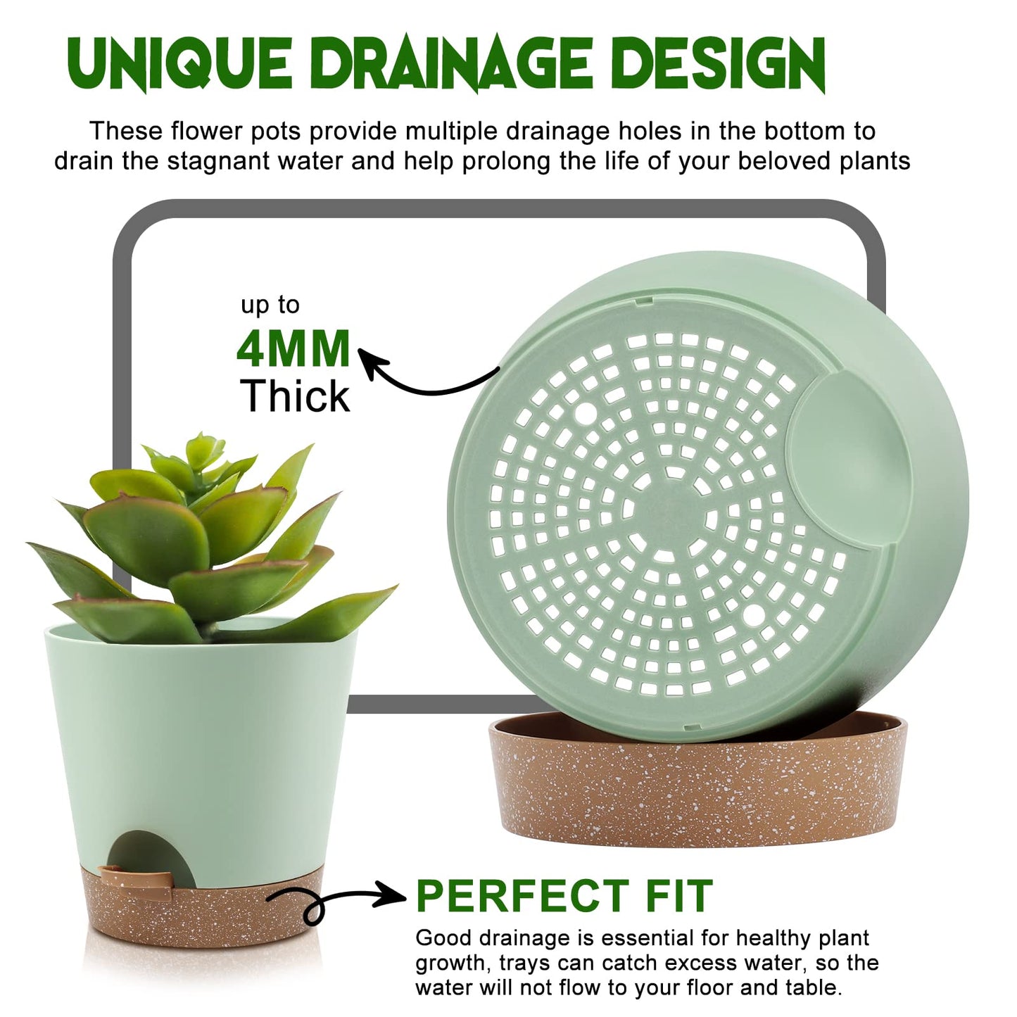 YNNICO Indoor Self Watering Planters with Drainage Holes and Saucers, 9,8, 7.5 Inches, Green, 3 Pots (Springgreen)