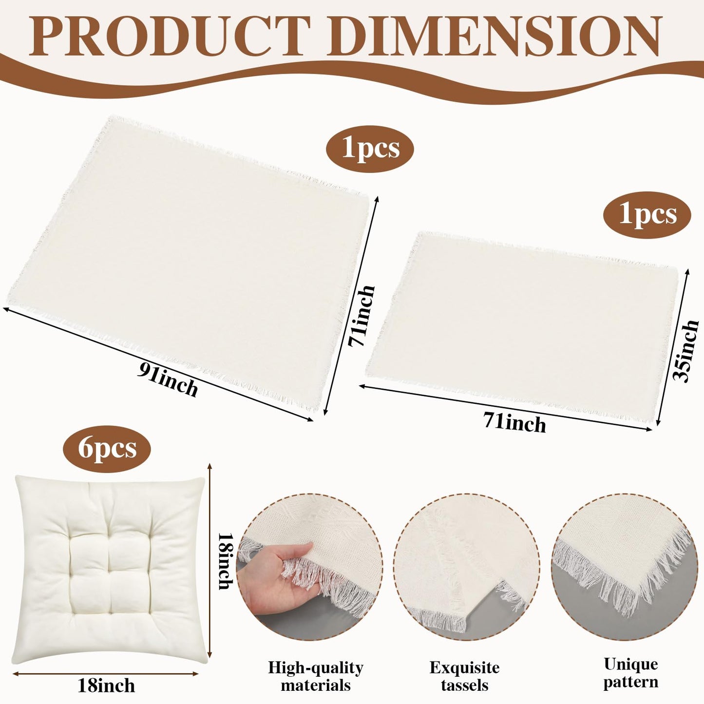 Novabright 10 Pcs Picnic Kit Folding Picnic Table 59'' x 20.5'' Large Outdoor Boho Blanket 91'' x 71'' Beige Table Runner 6 Floor Pillows Cushions Woven Cotton Oversize Washable for Camp Wedding