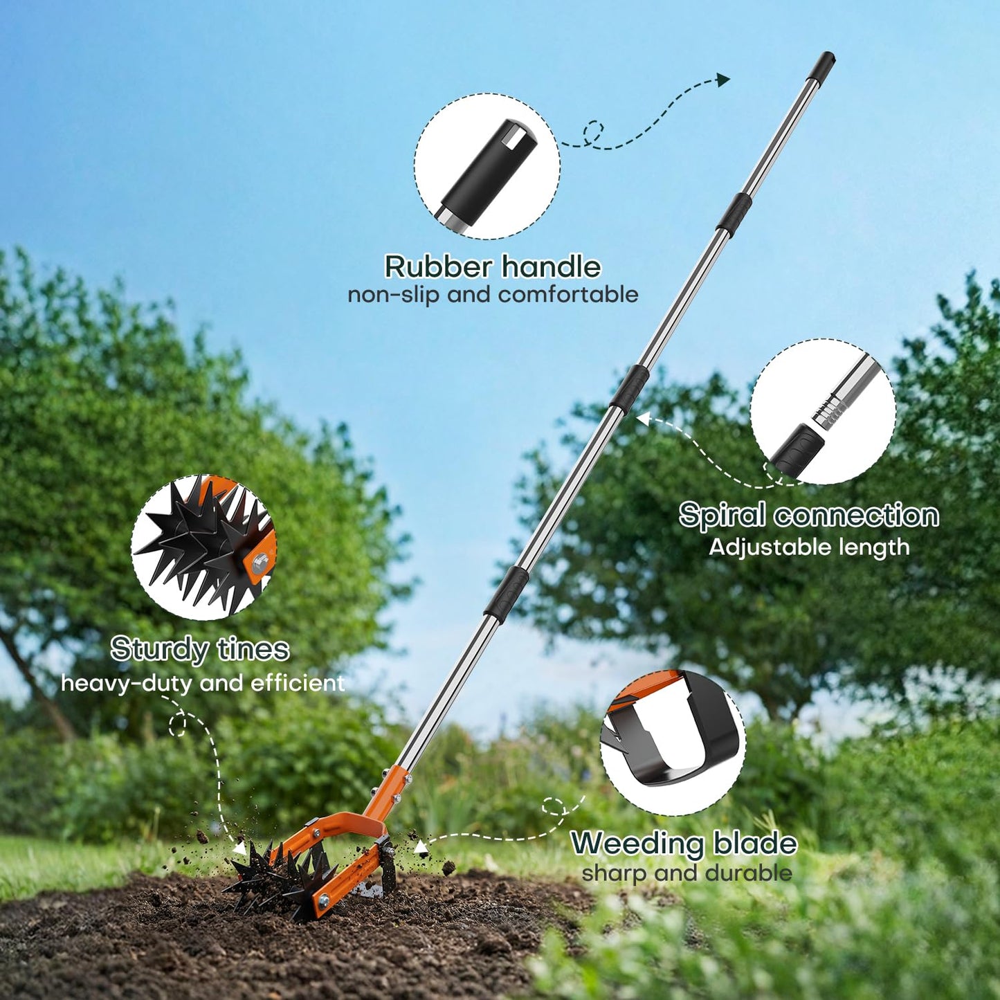 ARPEAK Rotary Cultivator Garden Tool, 2-in-1 Weeder & Soil Aerator with Detachable Weed Knife,73" Adjustable Stainless Handle, Dual-Function Rotary Tiller for Lawn Care, Reseed Grass, Soil Mixing