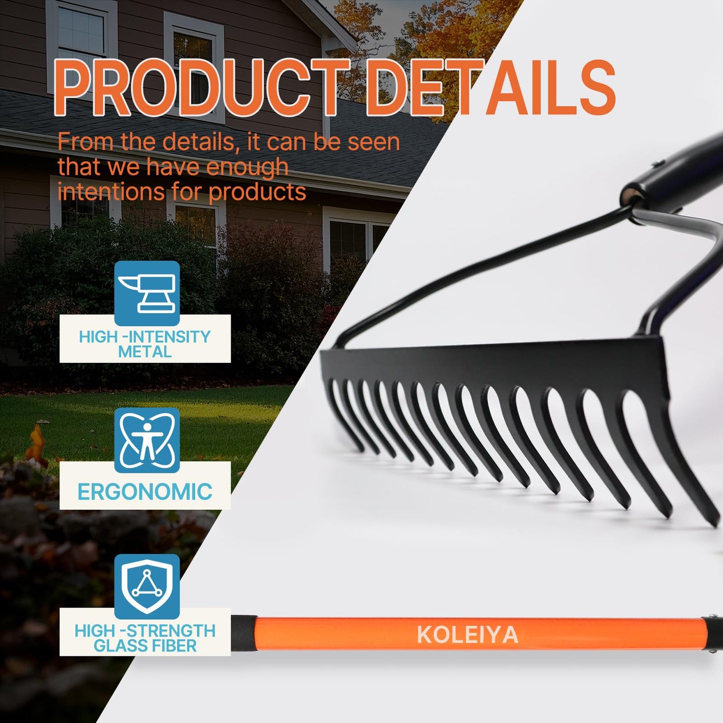 KOLEIYA Garden Rake Heavy Duty, 14-Tine Bow Rake with 57" Fiberglass Handle, for Soil Leveling, Lawn Care, Mulch Spreading, Leaf and Debris Cleanup