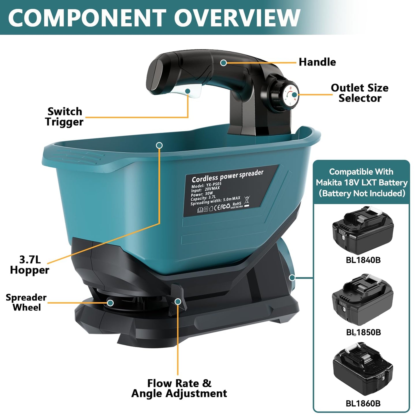Byutrcfuy Electric Grass Seed Spreader for Makita 18V Battery, Handheld Fertilizer Spreader for Lawn, Portable Granule Spreader for Seed, Feed, Weed, and Salt (Tool Only)