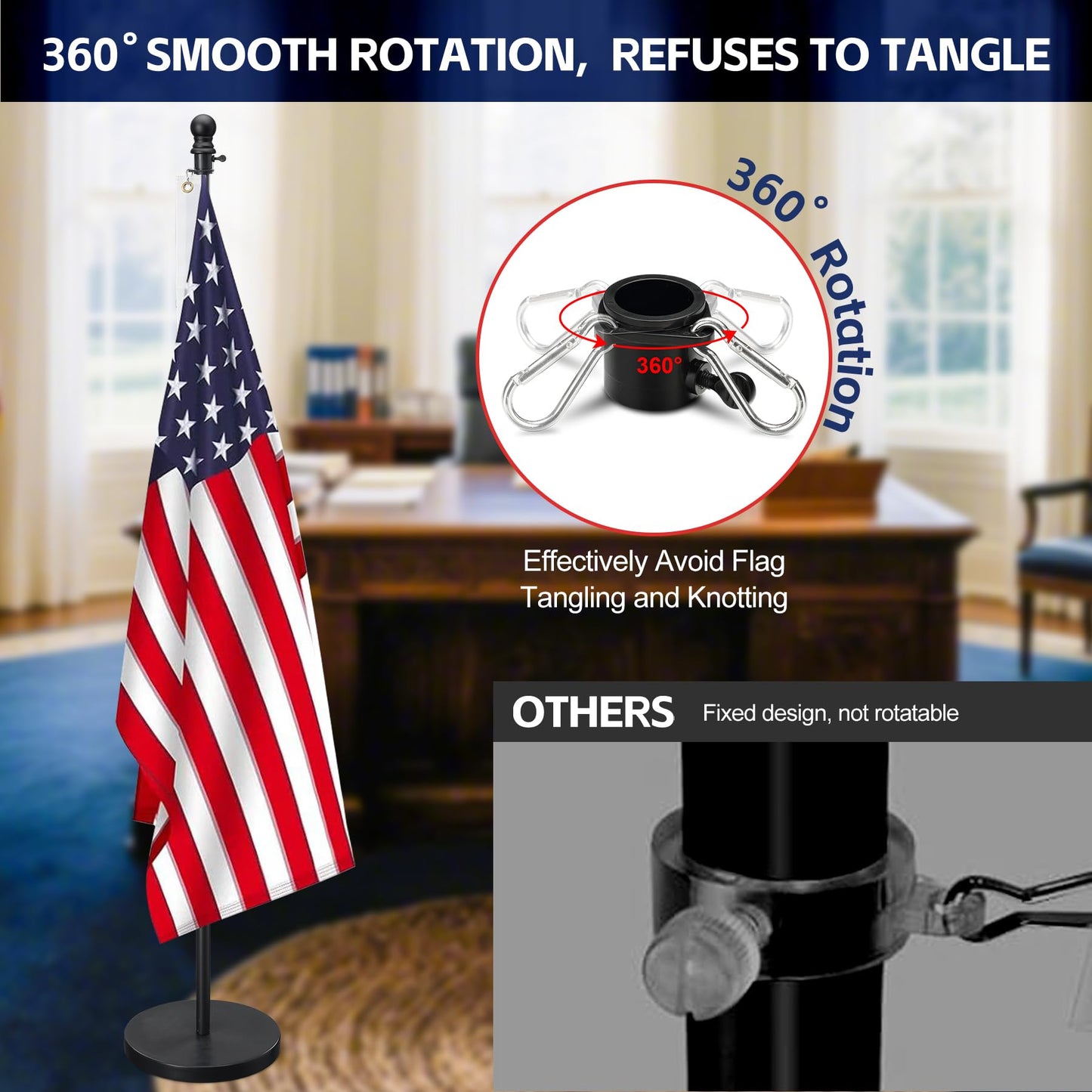 American Flag with Pole and Stand - Heavy Duty 1" Free Standing Indoor Flagpole Set with 3x5ft Embroidered US Flags,Weighted Base, 6-8 FT Adjustable Portable For Office, Church,School (Black)