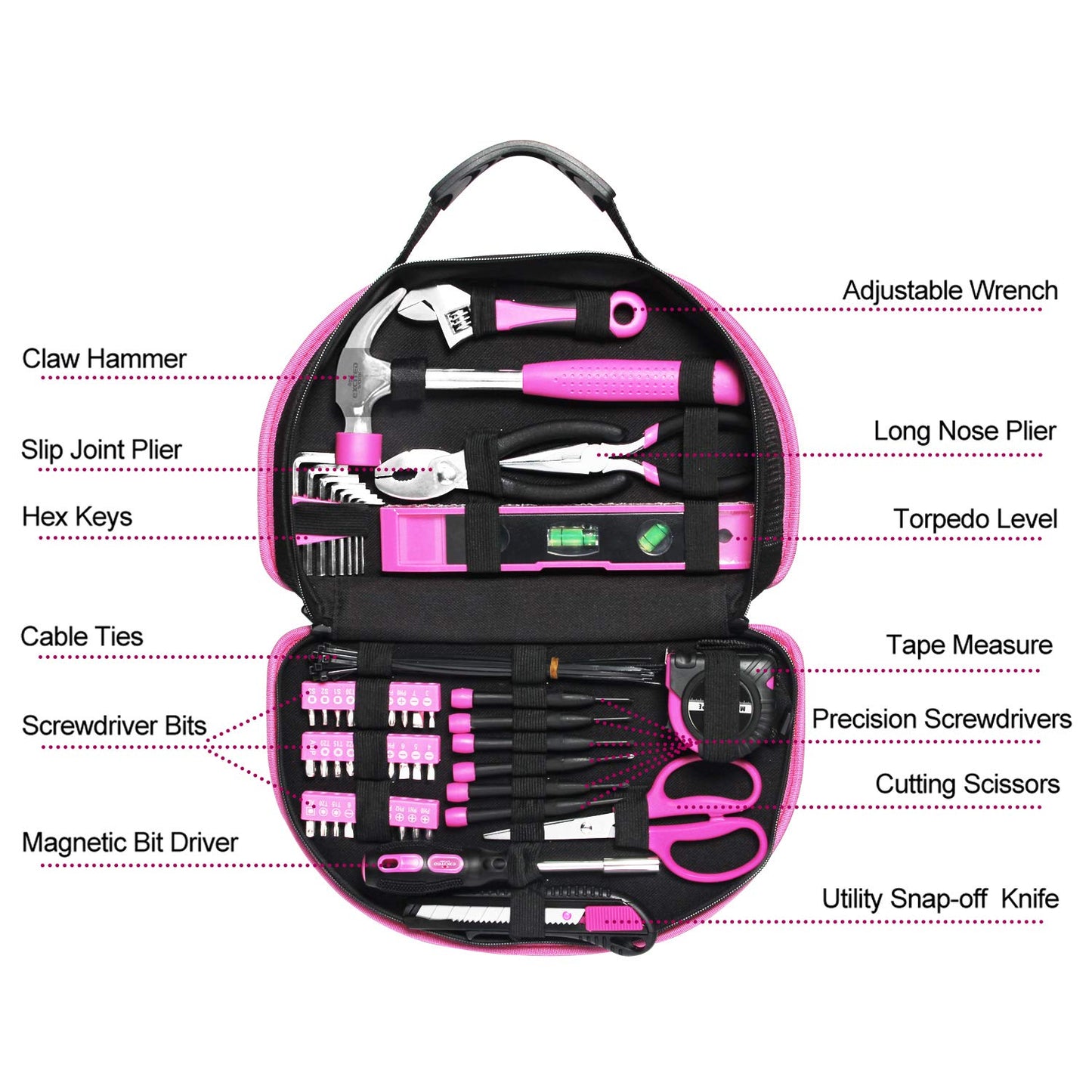 EXCITED WORK 89 Piece Pink Tool kit, Ladies Hand Tool Set with Easy Carrying Round Pouch Household Tool Kit Perfect for DIY, Home Maintenance and Dorm Repair