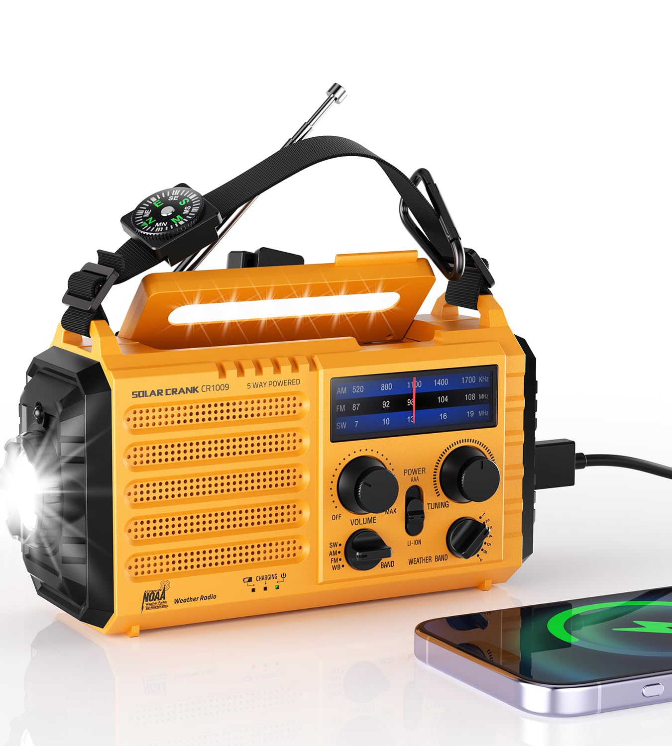 Emergency Weather Radio, 5 Ways Powered Crank Solar Radio, Portable AM/FM/SW/NOAA Weather Radio Battery Operated with Cellphone Charger, Camping Flashlight, Reading Lamp, SOS Alarm for Home Outdoor