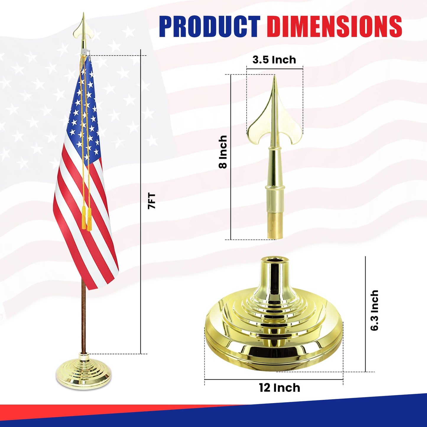 Super Tough Indoor Flag Pole kit 7ft - Army Spear - Gold Texture Base - Aluminum Flagpole with Brass Finish - Heavy Duty Inside House Flagstaff - Interior Shaft and Stand - No Ensign Included