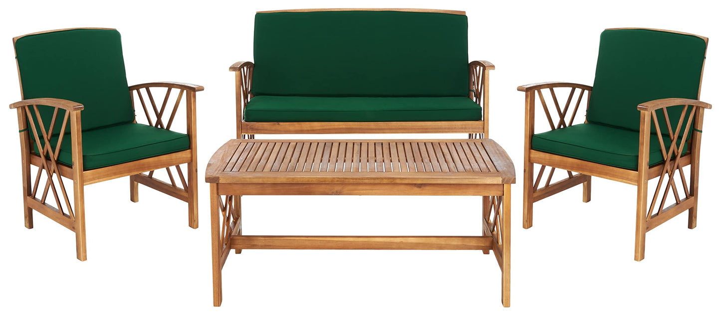 SAFAVIEH Outdoor Collection Fontana Natural/ Green Cushions 4-Piece Conversation Patio Set