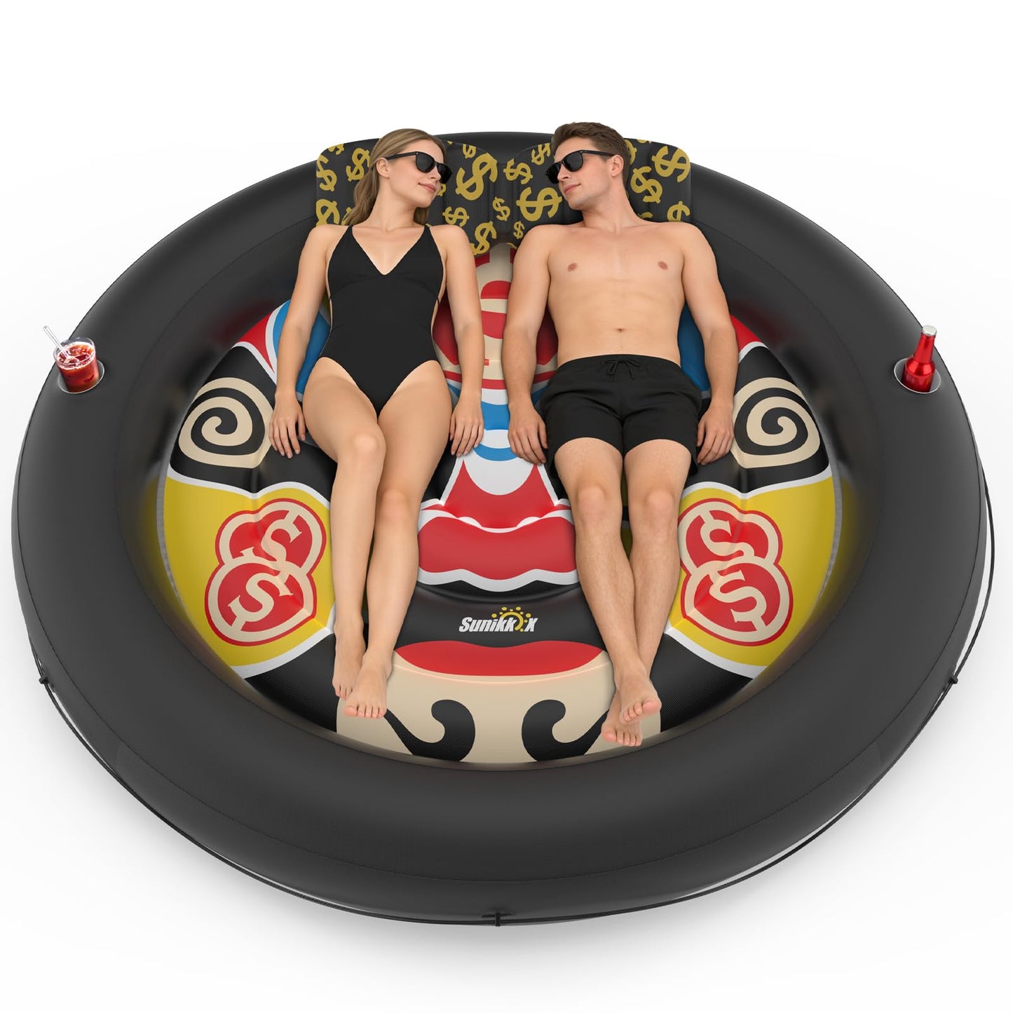 Sunikko X 73"x73" Inflatable Tanning Pool Floats Lounger Bed for Adults, Lucky Design XL Round Blow Up Pool Raft with Cup Holders, Pillow, 500lb, Sunbathing, Pool, Beach, Lake, Backyard Party