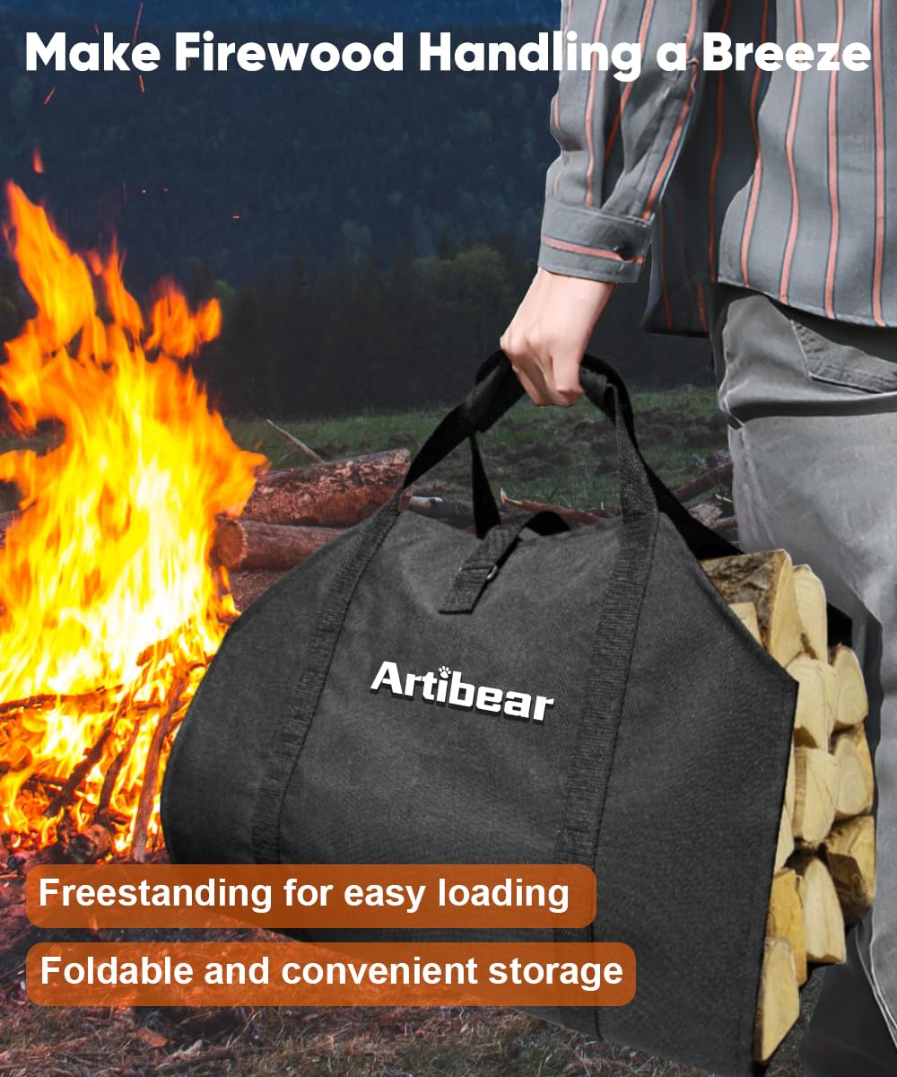 Artibear 28 Inch Firewood Rack with 900D Canvas Log Carrier Bag, Outdoor Indoor Log Holder for Fireplace, Heavy Duty Fire Wood Log Stand, Wood Pile Stacker Storage Organizer Tool for Patio Deck, Black