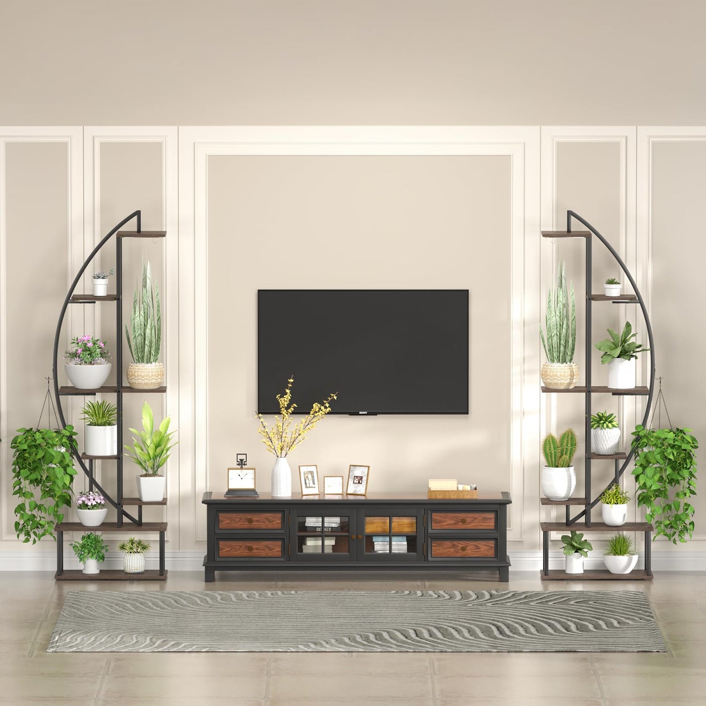 BLAZPATH Plant Stand Shelf Indoor with 6 Grow Light, 7 Tiered 65" Tall Black Large Half Moon Lighted Plant Rack Holder, 2 Pack Big High Circular Arch Multi Herb Stand with Built in LED Grow Light Set