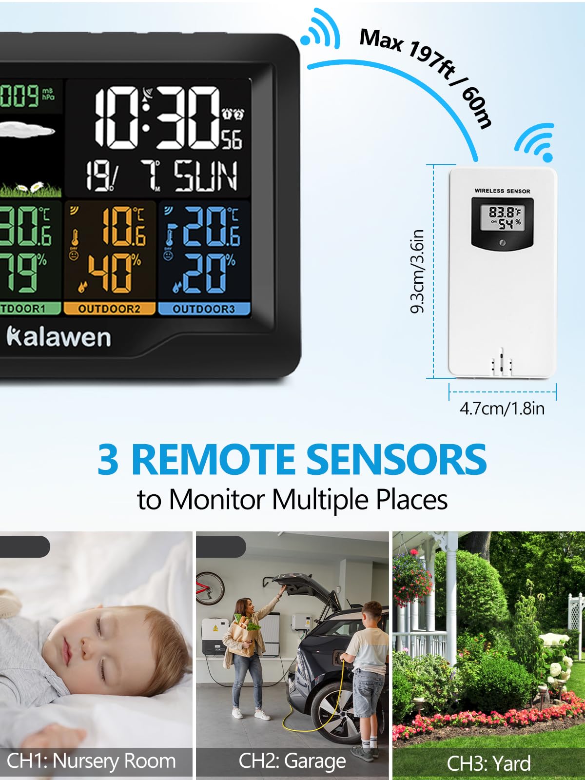 Kalawen Weather Station Wireless Indoor Outdoor Thermometer Digital with Atomic Clock, Barometric Pressure, Forecast Station with USB Port Thermometer Wireless Humidity Barometer Monitor