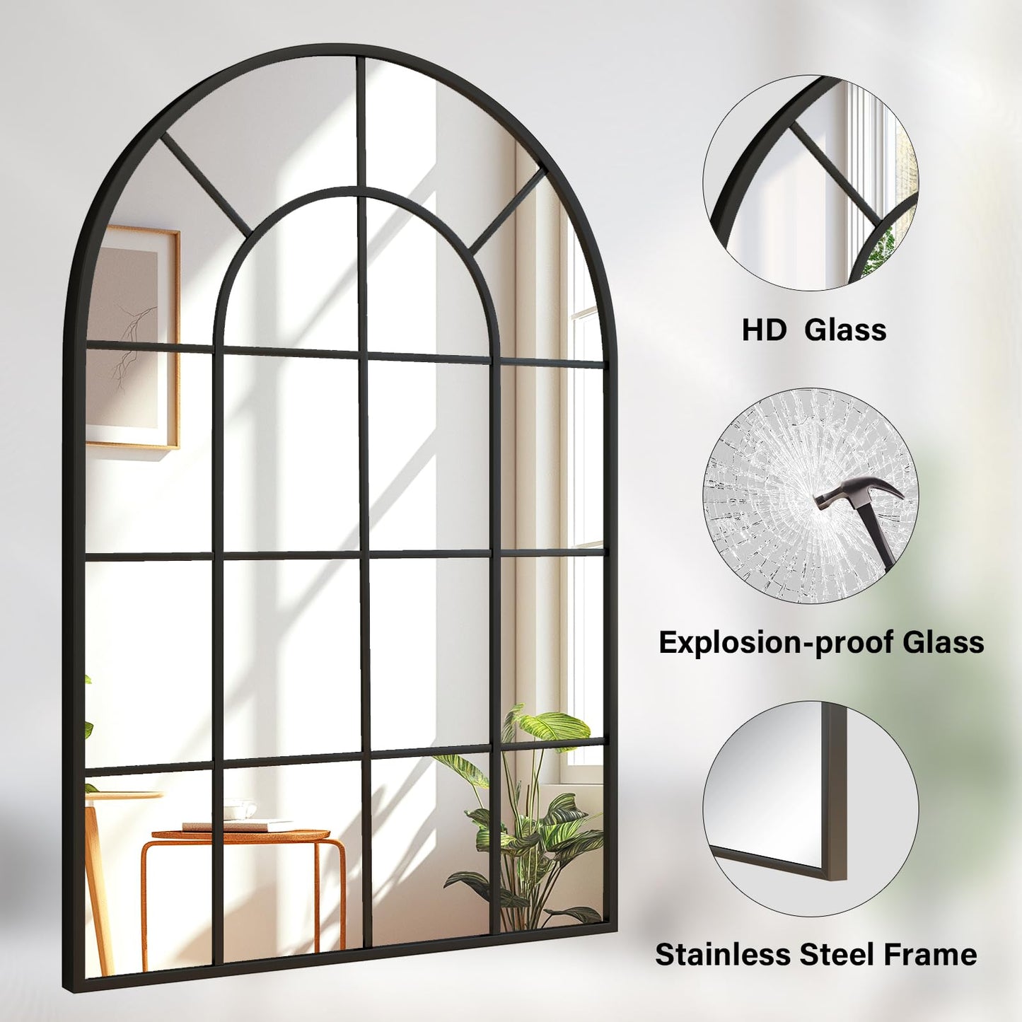 Riskioir 30"×40" Windowpane Arched Wall Mirror, Grid-Designed Decorative Farmhouse Wall Mounted Mirror with Metal Frame Hanging Leaning for Entryway, Living Room, Home Decor, Black