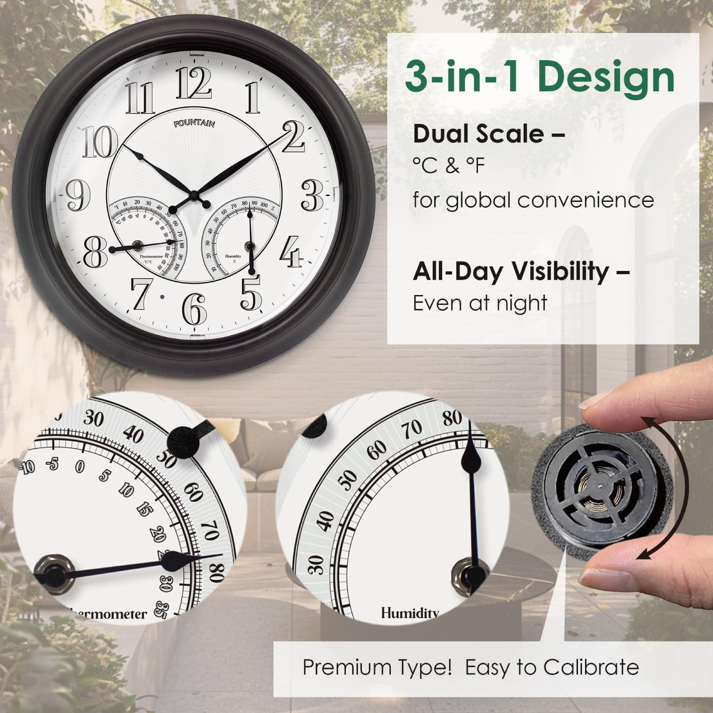 FOUNTAIN DESIGNS 18 Inch Illuminated in/Outdoor Clock with Smart Sensor and Night Light, Waterproof, Large Wall Clock with Thermometer & Hygrometer for Patio,Pool and Garden Decor,Oil Rubbed Bronze