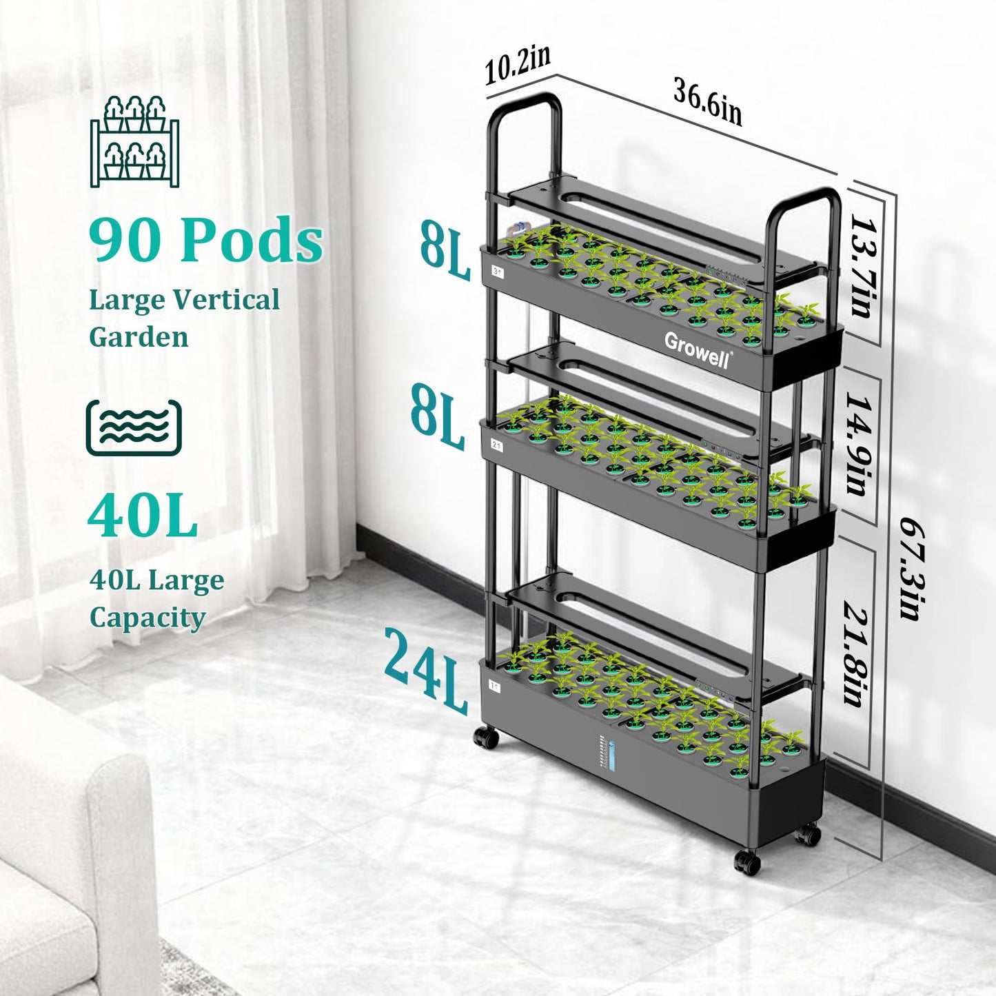 Growell 90-Pod Hydroponics Growing System, Large Vertical Hydroponic Garden with Smart Full-Spectrum Grow Lights, Auto Circulating Water, Mobile Indoor Gardening System for Herbs, Vegetables & Fruits