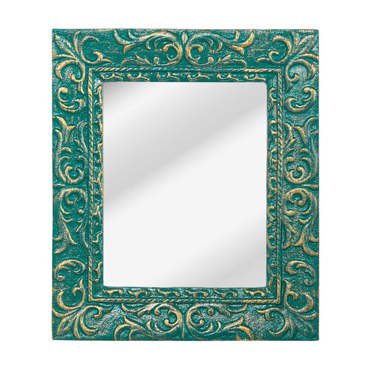 Sungmor Cast Iron Decorative Wall Mirror - Heavy-Duty Green & Gold Embossed Vintage Frame - Ornate Rectangular Hanging Mirror for Entryway, Living Room, or Bathroom