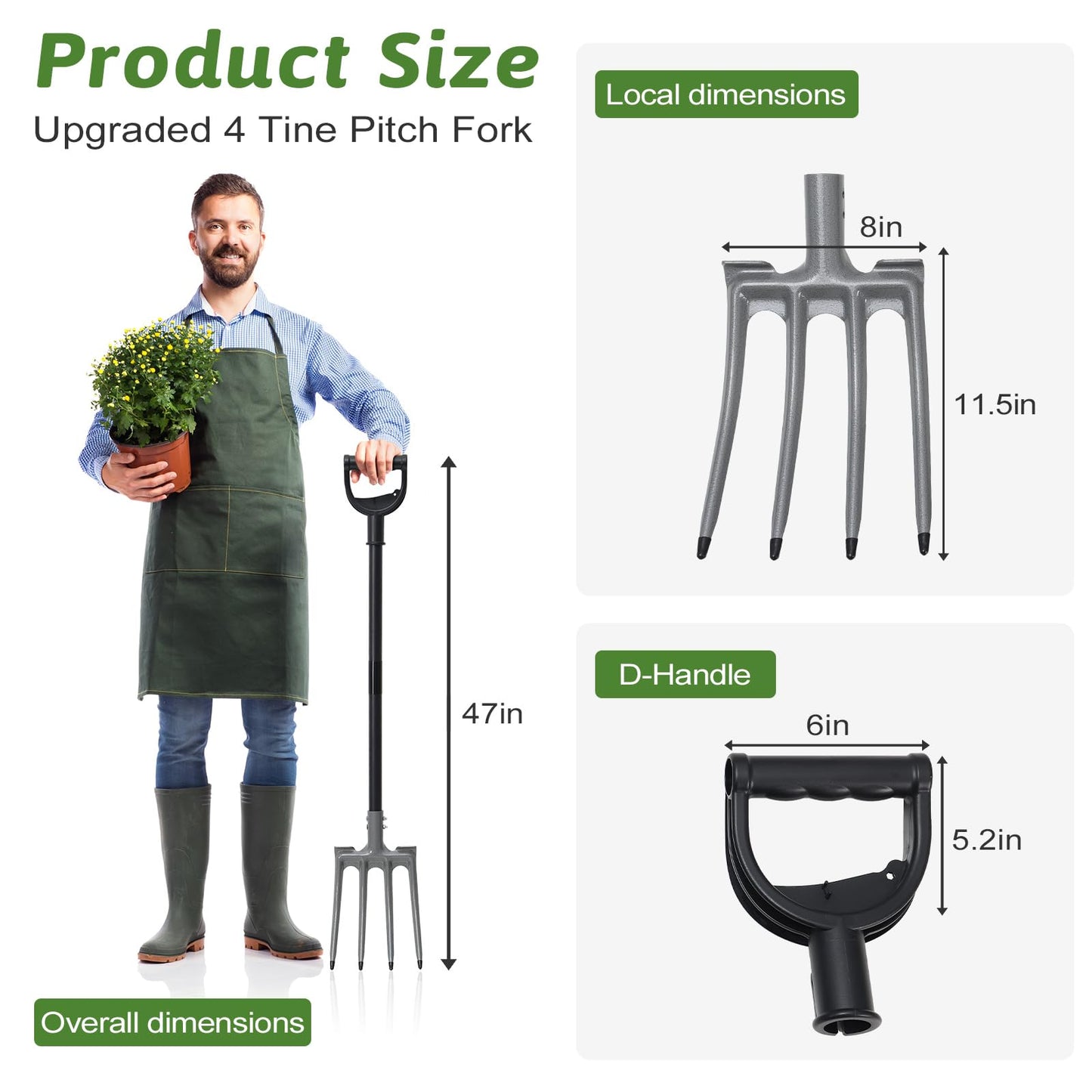 TAILERNRUYE Gardening Pitchfork, 4-Tine Garden Fork 47” Heavy Duty Digging Manure Forks for Mulch Spreading Loosening Hay Potato Digging Composting Transplanting Aeration Farm Garden