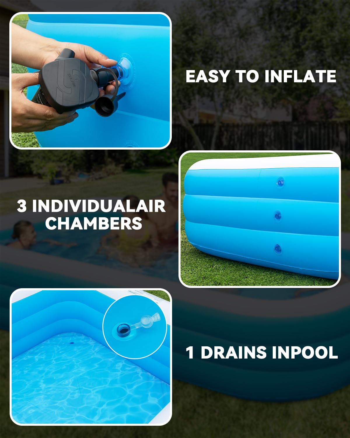 Large Inflatable Pool for Adults,130" x 72" x 22" Thickened Blow Up Pool with Lights & Pump, 7 Color Changed Durable Above Ground Family Swimming Pool for Backyard Outdoor Garden