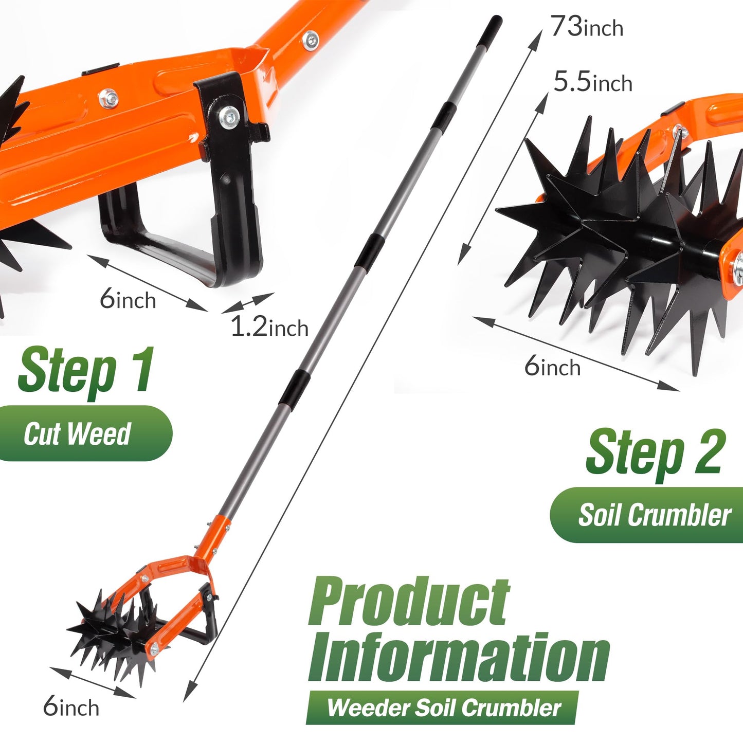 Walensee Rotary Cultivator Garden Tool, Adjustable Long Handle Hand Tiller with Star-Shaped Rolling Tines, 2-in-1 Weeder & Soil Aerator for Lawn Care, Reseeding Grass, Soil Mixing, Manual Yard Tiller