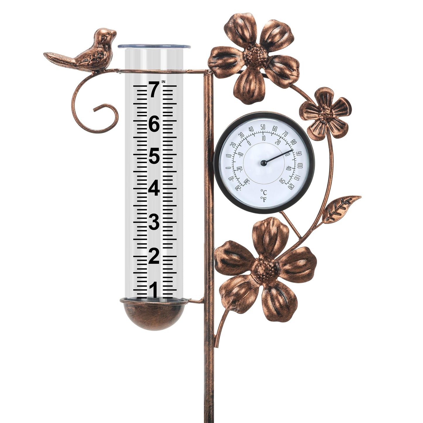 shumi Rain Gauge Outdoor with Thermometer Garden Decor, Bird and Flower Decorative Outdoor Rain Gauges for Yard Patio Lawn, Gardening Gifts for Women