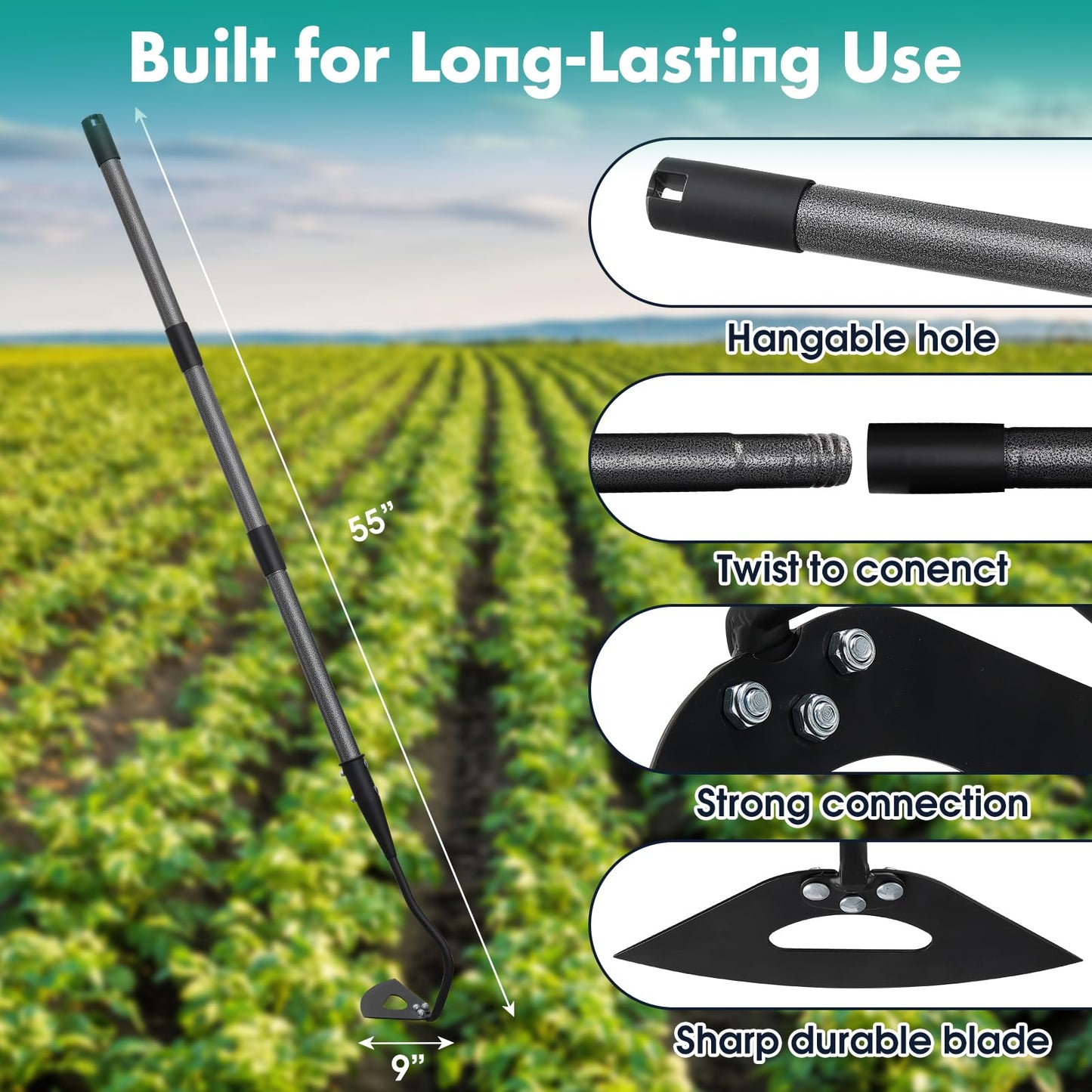 VUGHIUA Hoe Garden Tool, 69 Inch Hardened Hollow Eye Hoes for Weeing, Heavy Duty Weeding Tool with Splicing Adjustable Long Handle, Rustproof Metal Gardening Tools for Garden Flower Beds
