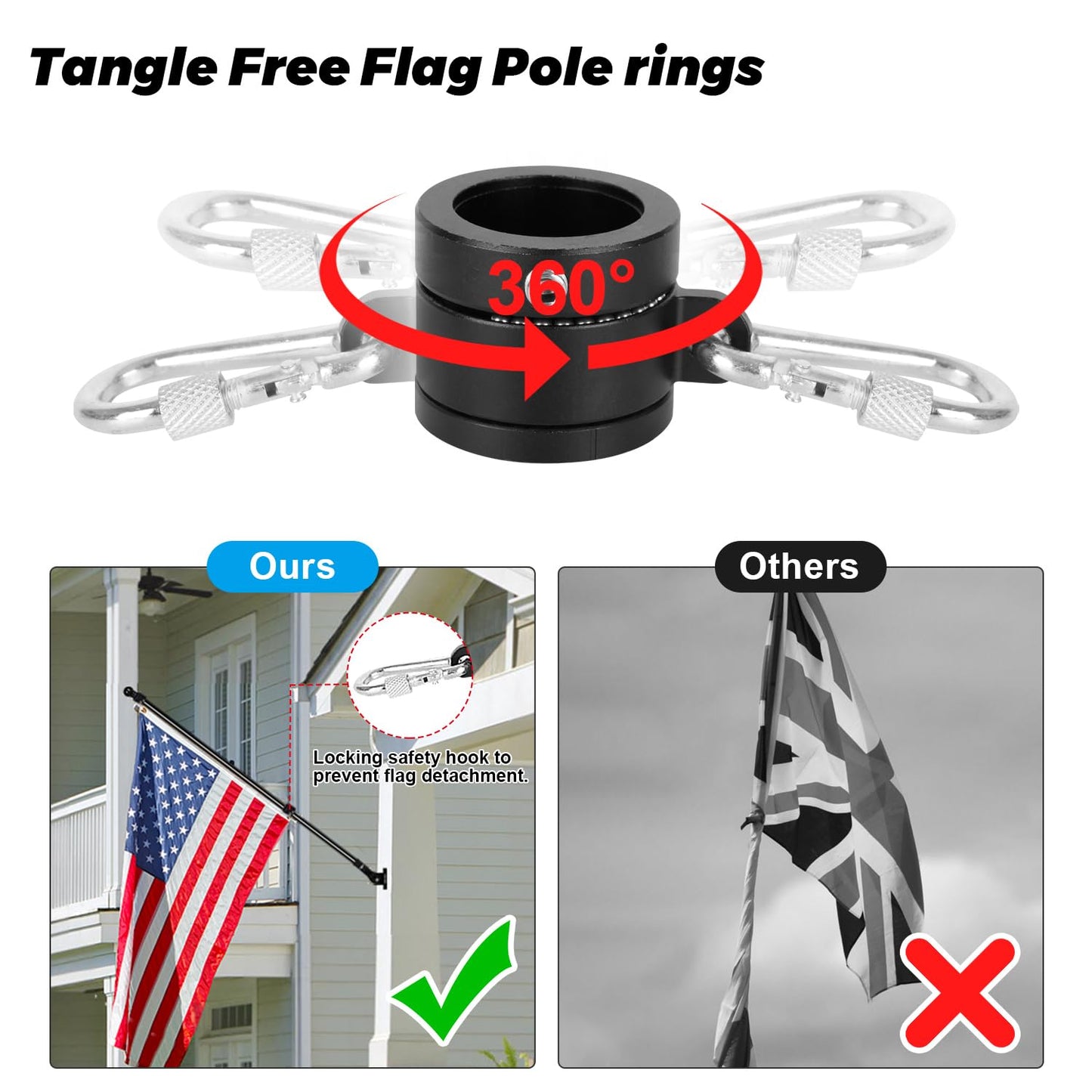 Msnaile 6FT Carbon Fiber Flag Pole, Flagpole for Outside House, Porch Flagpoles, Tangle Free Black Flag Pole Kit, Wind-Resistant, Bend-Resistant, Rust-Free (Includes Bracket, Plain Carbon Fiber)