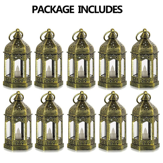 Mini Lantern with Flickering LED Candles Set of 10, Hewory Gold Vintage Decorative Hanging Candle Lanterns for Halloween, Christmas, Wedding Decorations, Party, Table Centerpiece, Battery Included