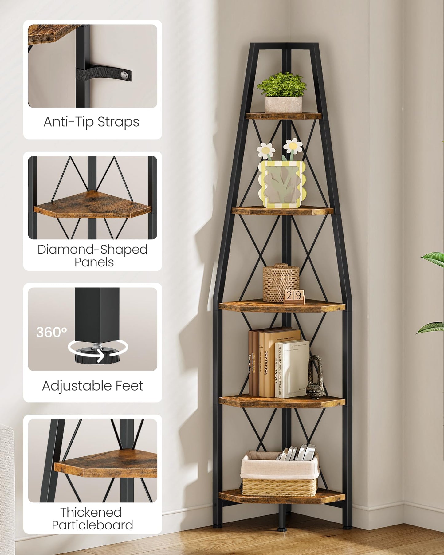 CHOEZON 5-Tier Corner Shelf, Corner Bookshelf, Ladder Shelf, Floor Standing Storage Rack, Open Display Stand, Plant Stand, for Living Room, Bedroom, Study, Bathroom, Rustic Brown and Black TCJ22BF