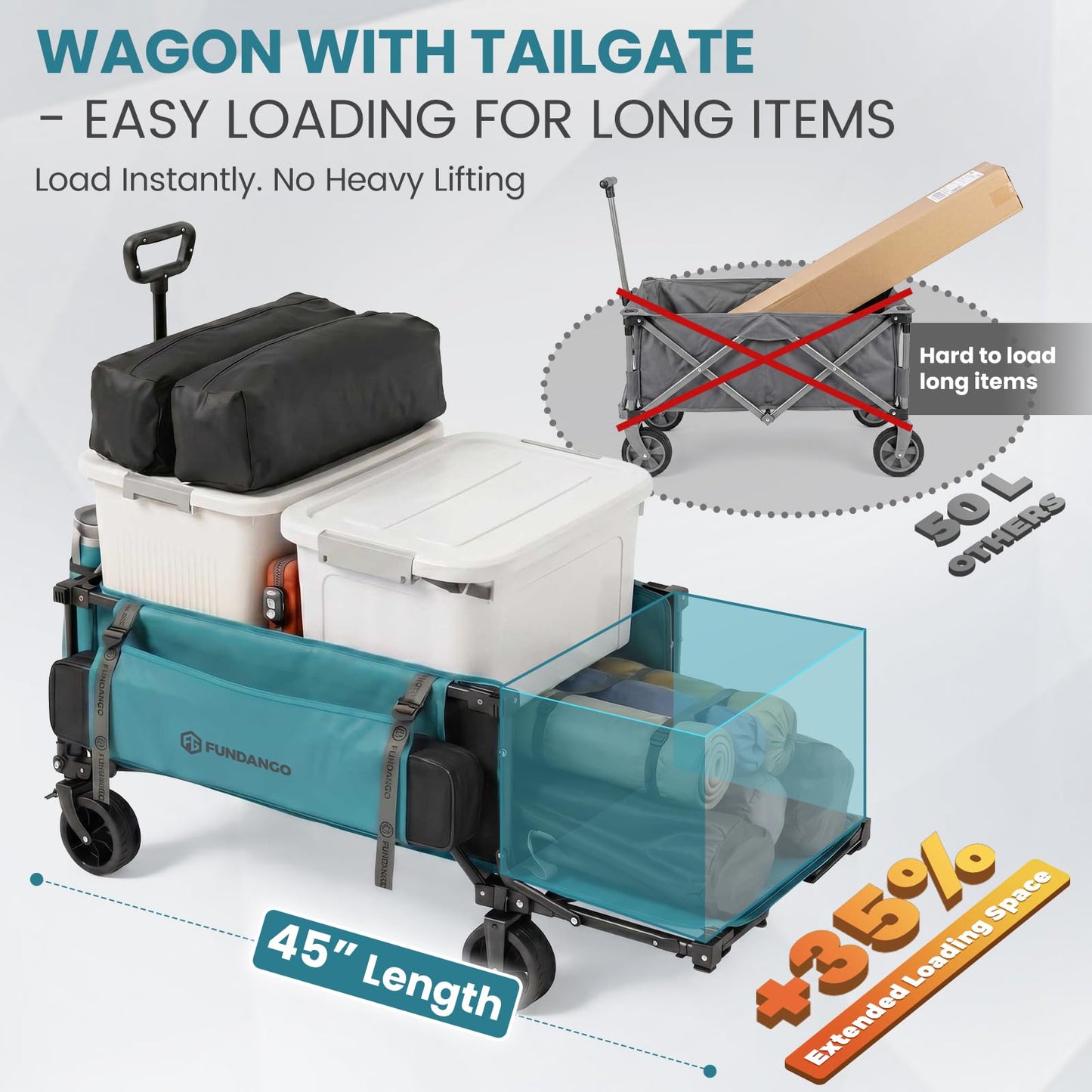 FUNDANGO 45" Extra Long Collapsible Wagon with Tailgate, 400LBS Heavy Duty Folding Wagon Cart, Compact Folds Down to 1/8 Size, All-Terrain Wheels for Camping Beach Grocery