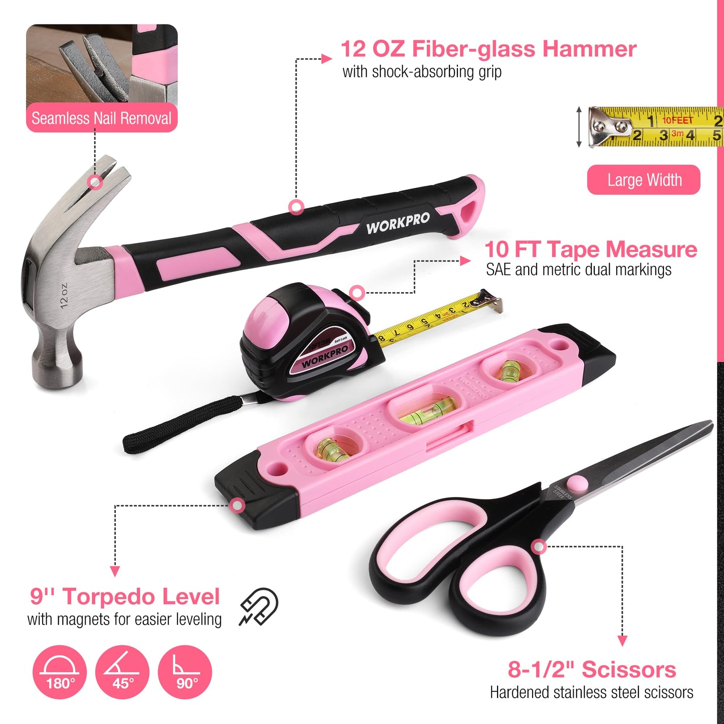 WORKPRO Pink Tool Set, 277 PCS Home Repairing Tool Kit, Pink Tool Bag with 13-Inch Wide Mouth Open Storage Bag, Portable Home Tool Kit Including Hammer, Screwdriver, and Household Tools - Pink Ribbon