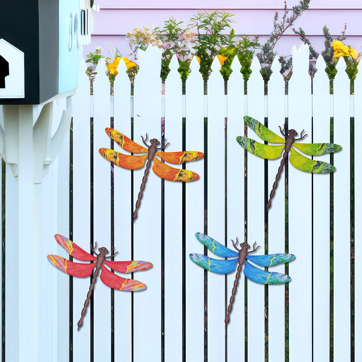 Metal Dragonfly Wall Decor, 4 Pack 13 inch Metal Dragonflies Wall Art Hanging Sculpture Decorations for Outdoor, Yard Patio Fence Garden Outside Decor