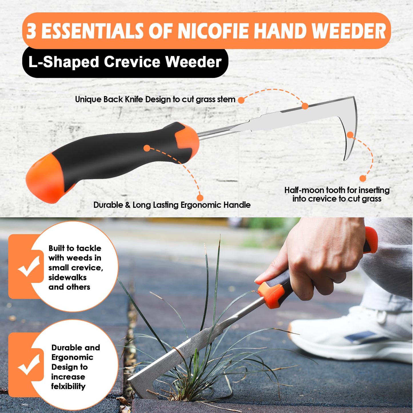 Nicofie 2026 Hand Weeder Tool, Rubber Handle Manual Weeder Puller Tool, Uprooting Weeding Tools, Crack Weeder Crevice, 4 Teeth Weeding Tool, Weeding Artifact Tool for Gardening(3 Pcs)