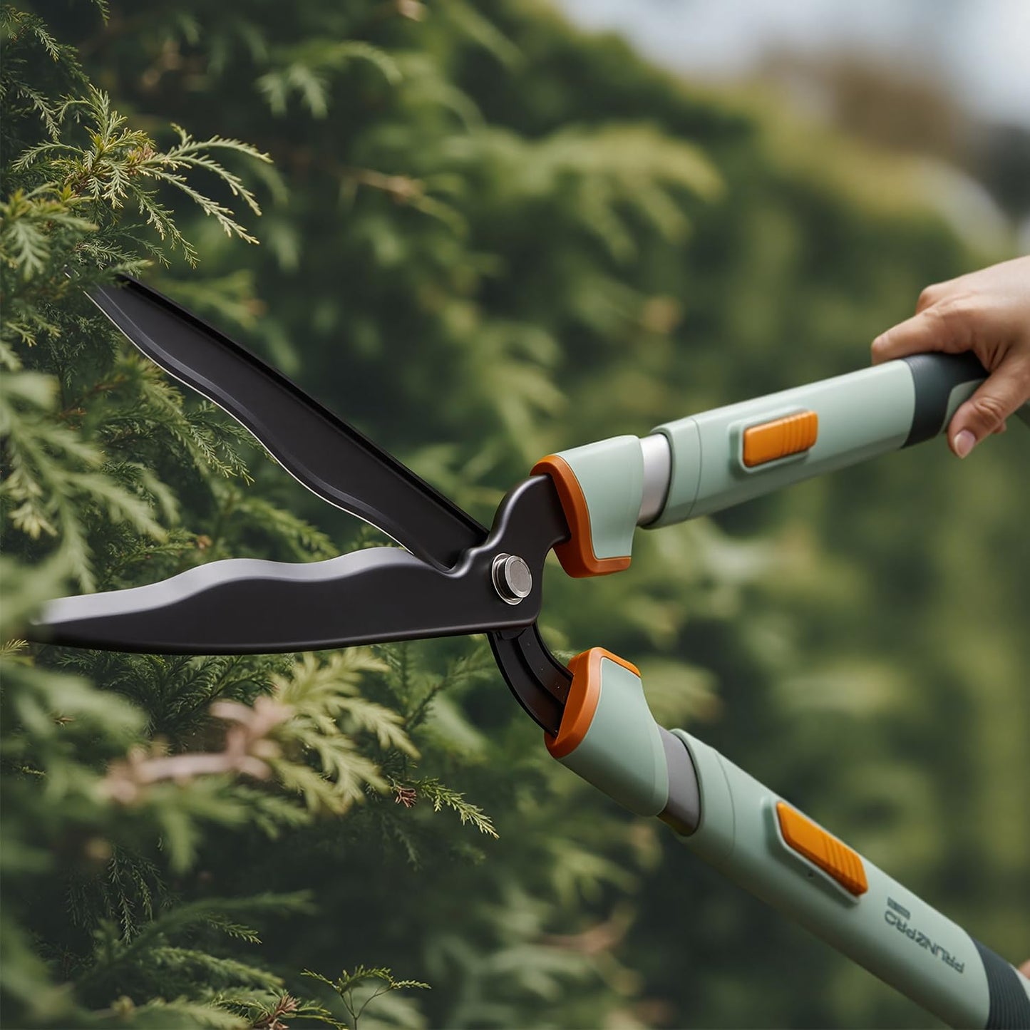 PrunePro Extendable Hedge Shears (27"-35") Wavy Stainless Steel Blades | Teflon Coated for Smooth Cuts | Lightweight Adjustable Garden Clippers for High Hedges & Bushes