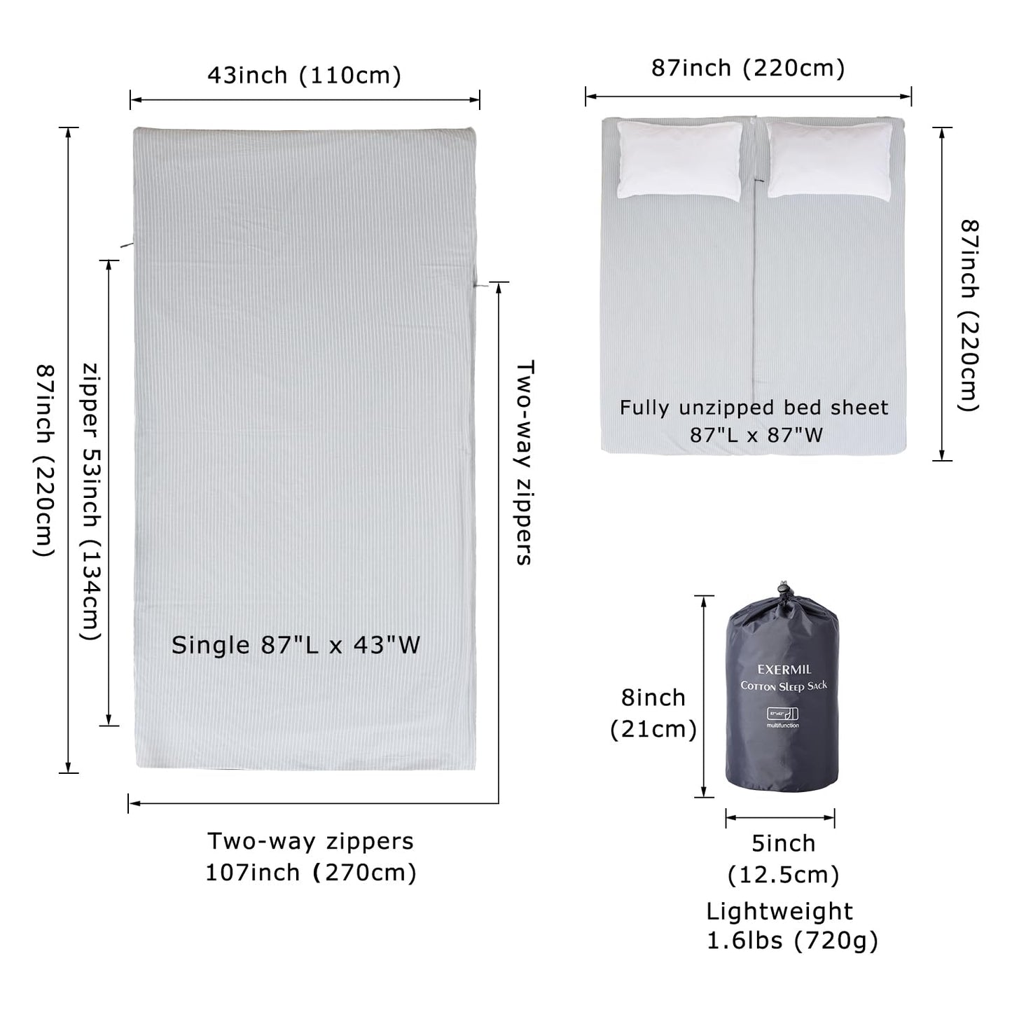 Exermil 100% Cotton Sleeping Bag Liner with Full Length Zipper on 3 Sides; Single/Double Adult Sleep Sack for Travel & Camping, Multifunctional Travel Sheets (Unzipped 87”x87”) for Hotel, Lightweight