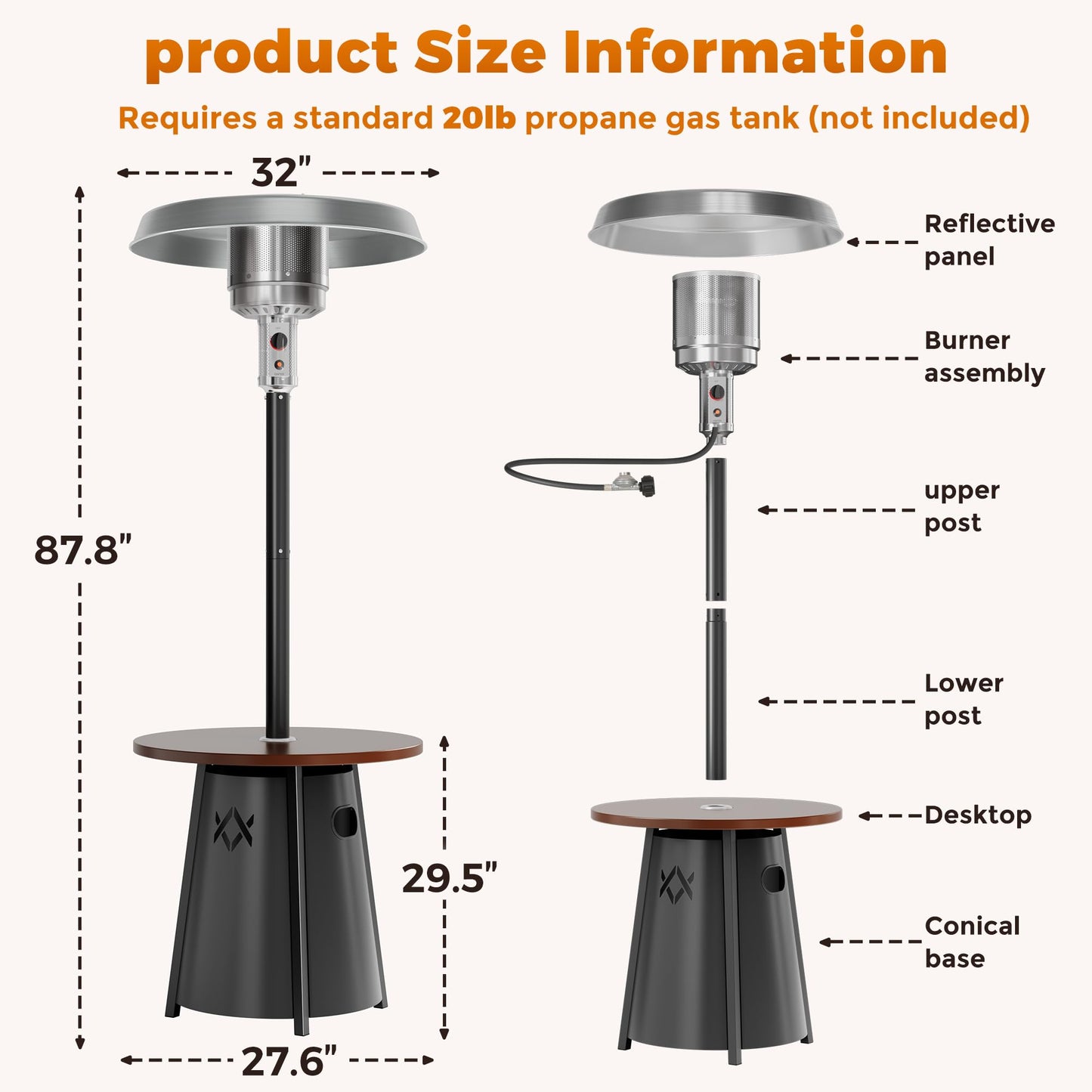 Pamapic 50,000 BTU Outdoor Heaters for Patio with Round Table Design, Premium 304 Stainless Steel Burner, Triple Protection System Propane Patio Heater for Porch Garden, Residential & Commercial Use