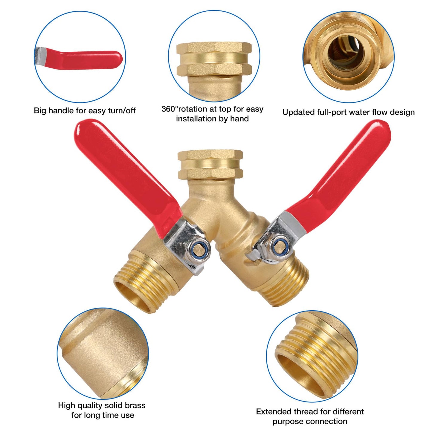 MOLIK Garden Hose Splitter 2-Ways with Long Stainless Steel Handle, Full Flow Hose Splitter Connector Heavy Duty Brass, 3/4" GHT Thread Y Valve, Water Garden Hose Tap Adapter