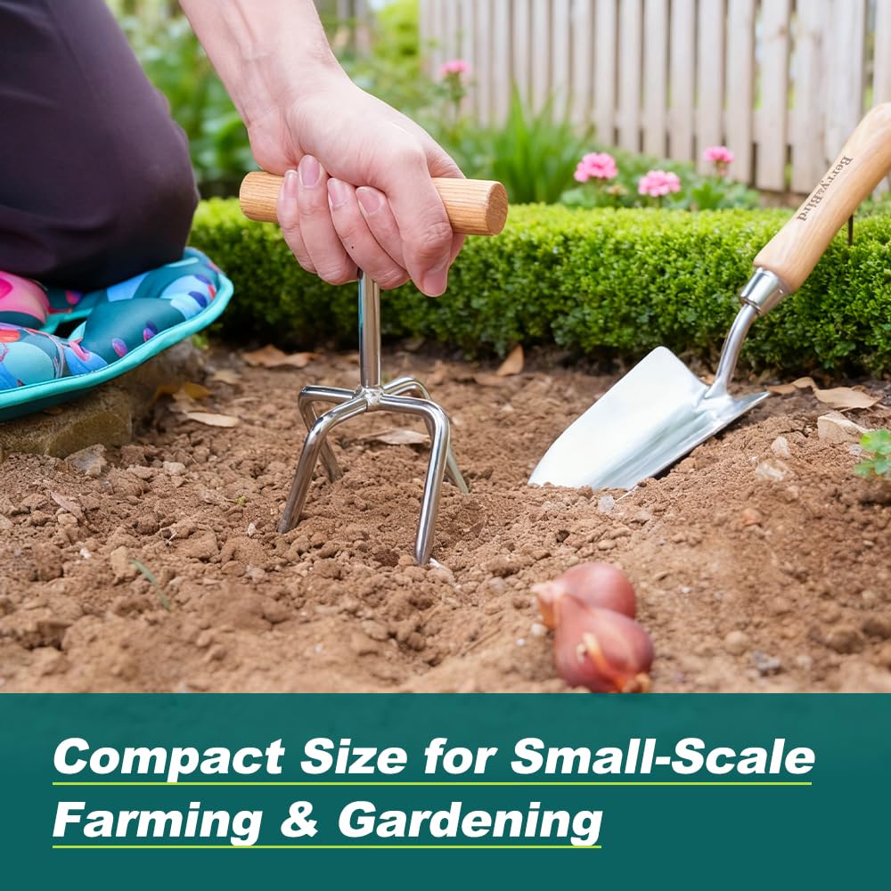 Berry&Bird Twist Tiller - 4 Stainless Steel Tines Hand Tiller for Aerating, Loosening Soil and Removing Weed, Garden Cultivator Tiller with Wooden Handle, Perfect for Raised Beds, Borders & Containers