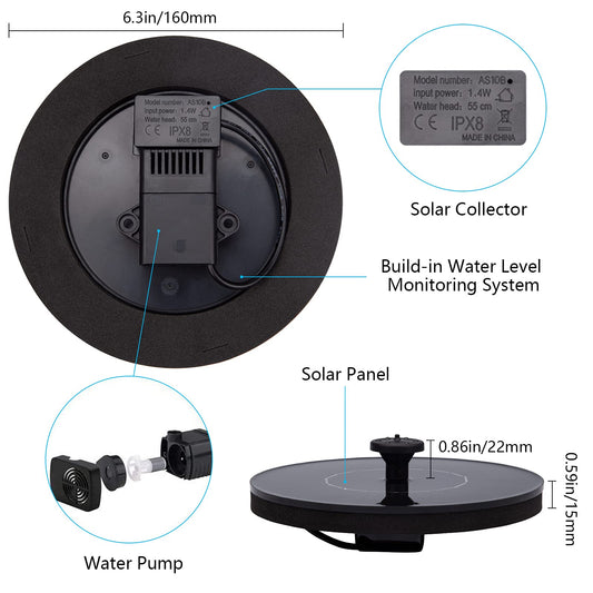 Solar Fountain for Bird Bath, Solar Powered Fountain Pump 1.5W Solar Water Fountain Floating Birdbath Water Pumps for Garden, Patio, Pond and Pool